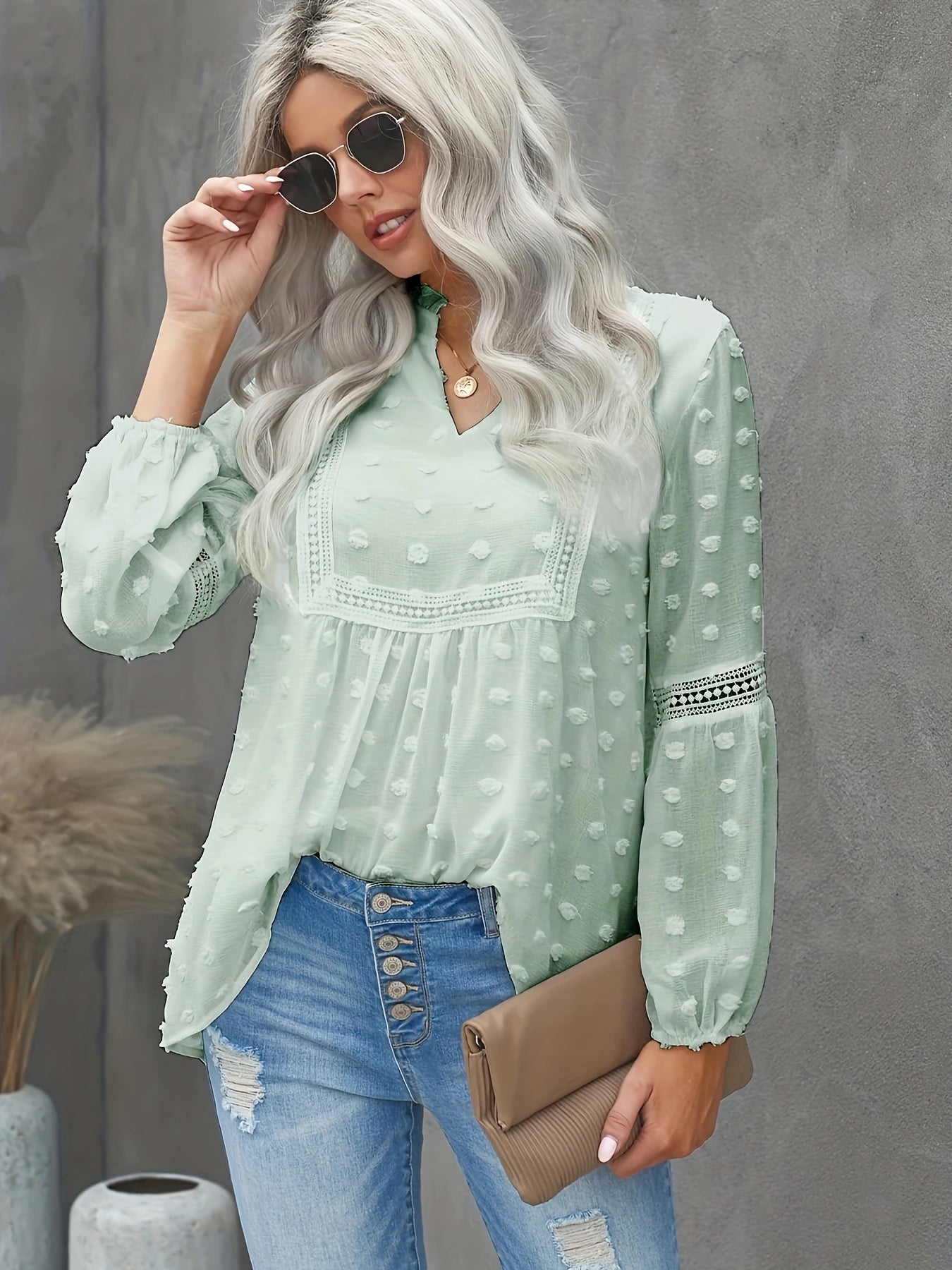 gbolsos Swiss Dot Contrast Lace Blouse, Elegant V Neck Lantern Sleeve Blouse, Women's Clothing