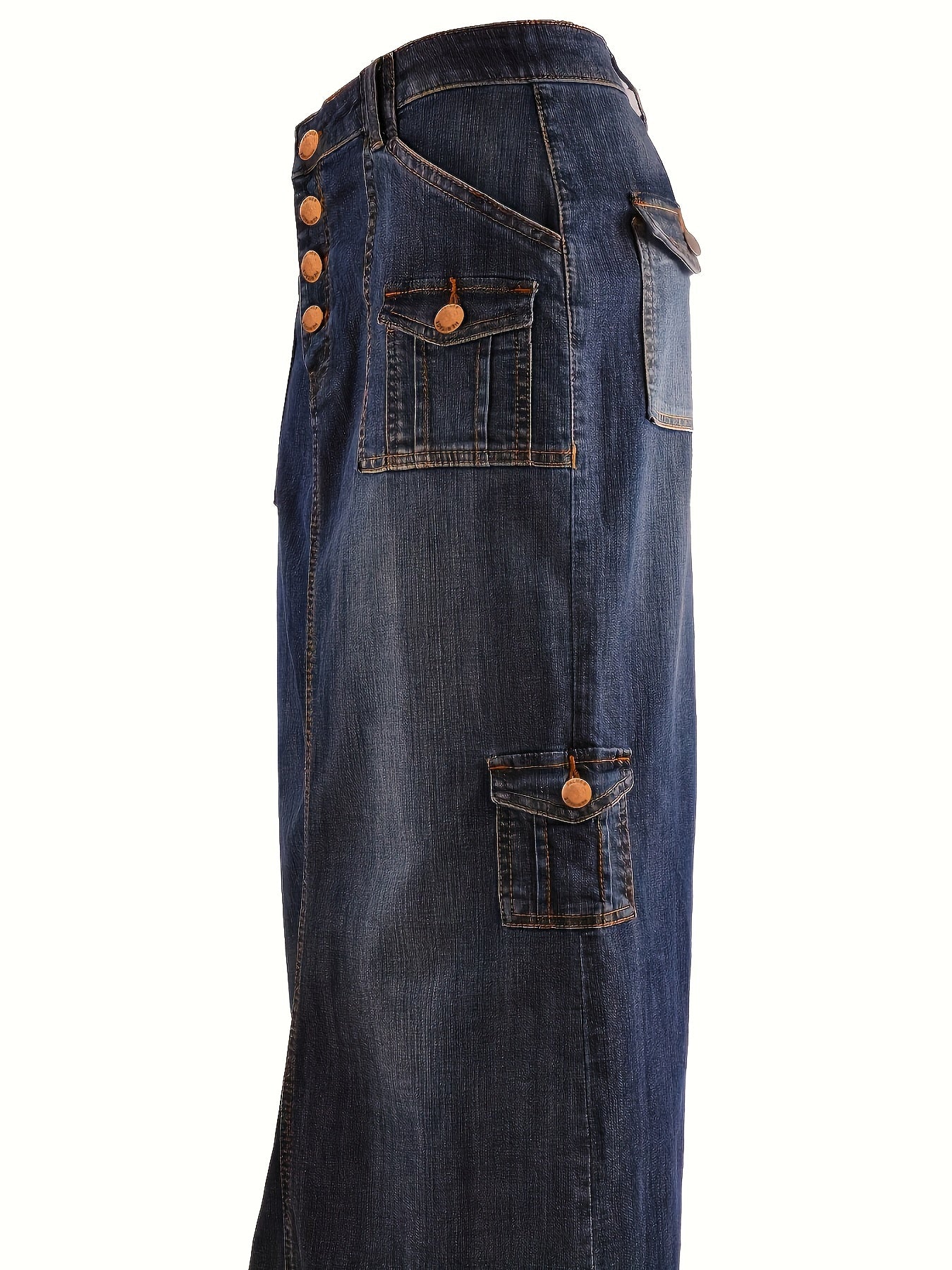 Blue Flap Pockets Cargo Denim Maxi Skirt, Raw Hem Single-Breasted Button Retro Denim Skirt, Women's Denim Clothing