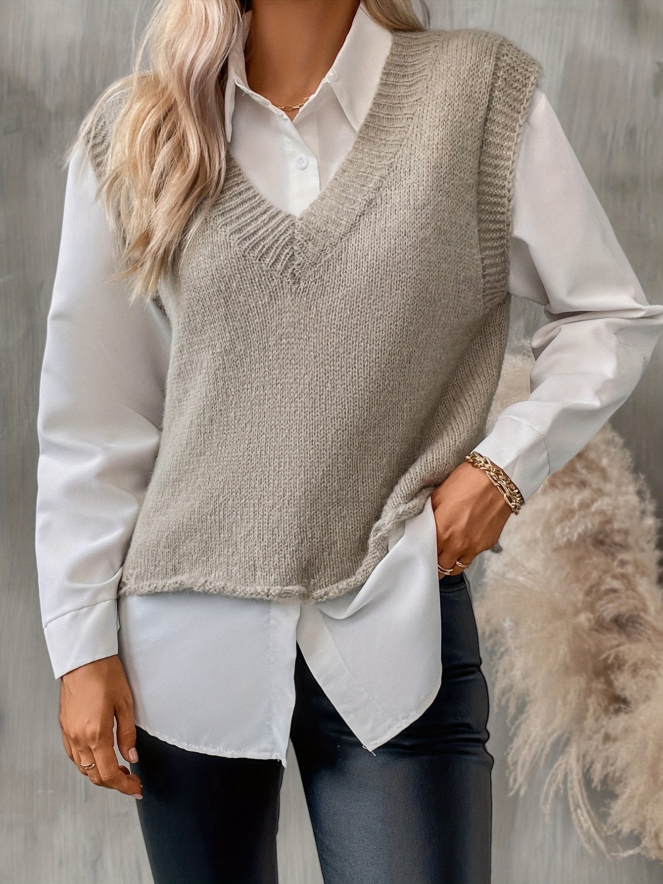 gbolsos Solid Color V Neck Pullover Sweater, Sleeveless Knitted Tank Top For Spring & Fall, Women's Clothing