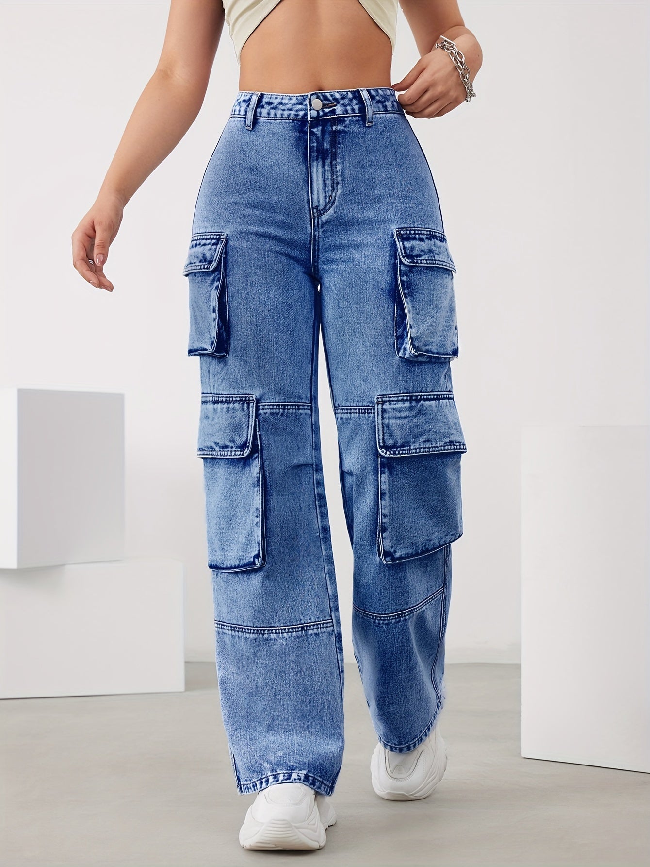 gbolsos Sky Blue Multi-pocket Cargo Pants, High Waist Loose Wide Leg Denim Pants, Women's Denim Jeans & Clothing