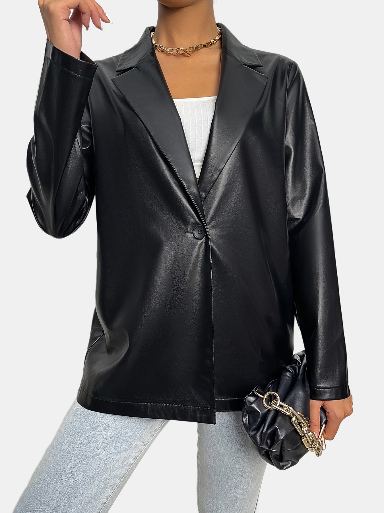 gbolsos Solid Lapel Faux Leather Long Sleeve Jacket, Elegant Open Front Stylish Outerwear, Women's Clothing