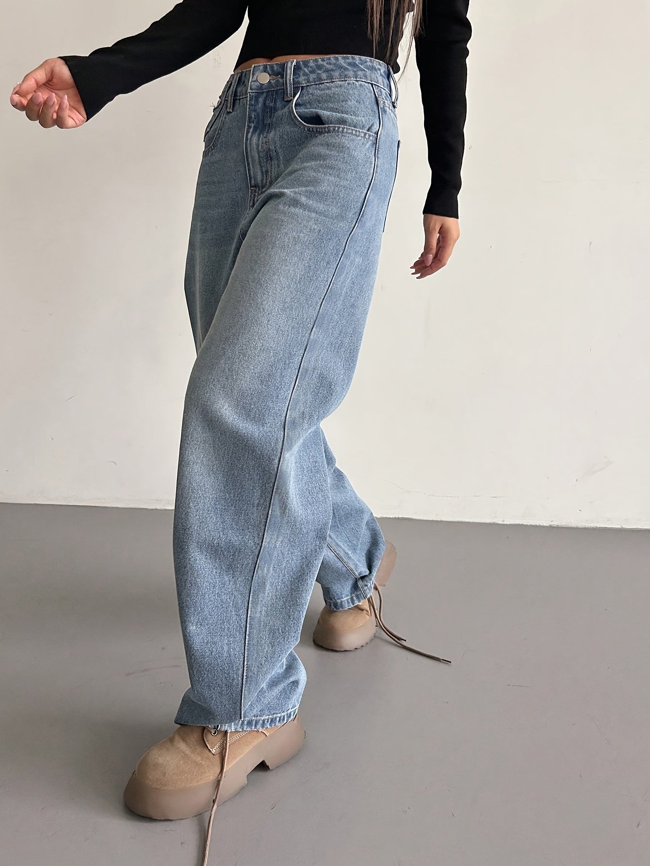 gbolsos Loose Fit Washed Straight Jeans, Slant Pockets Non-Stretch Casual Denim Pants, Women's Denim Jeans & Clothing