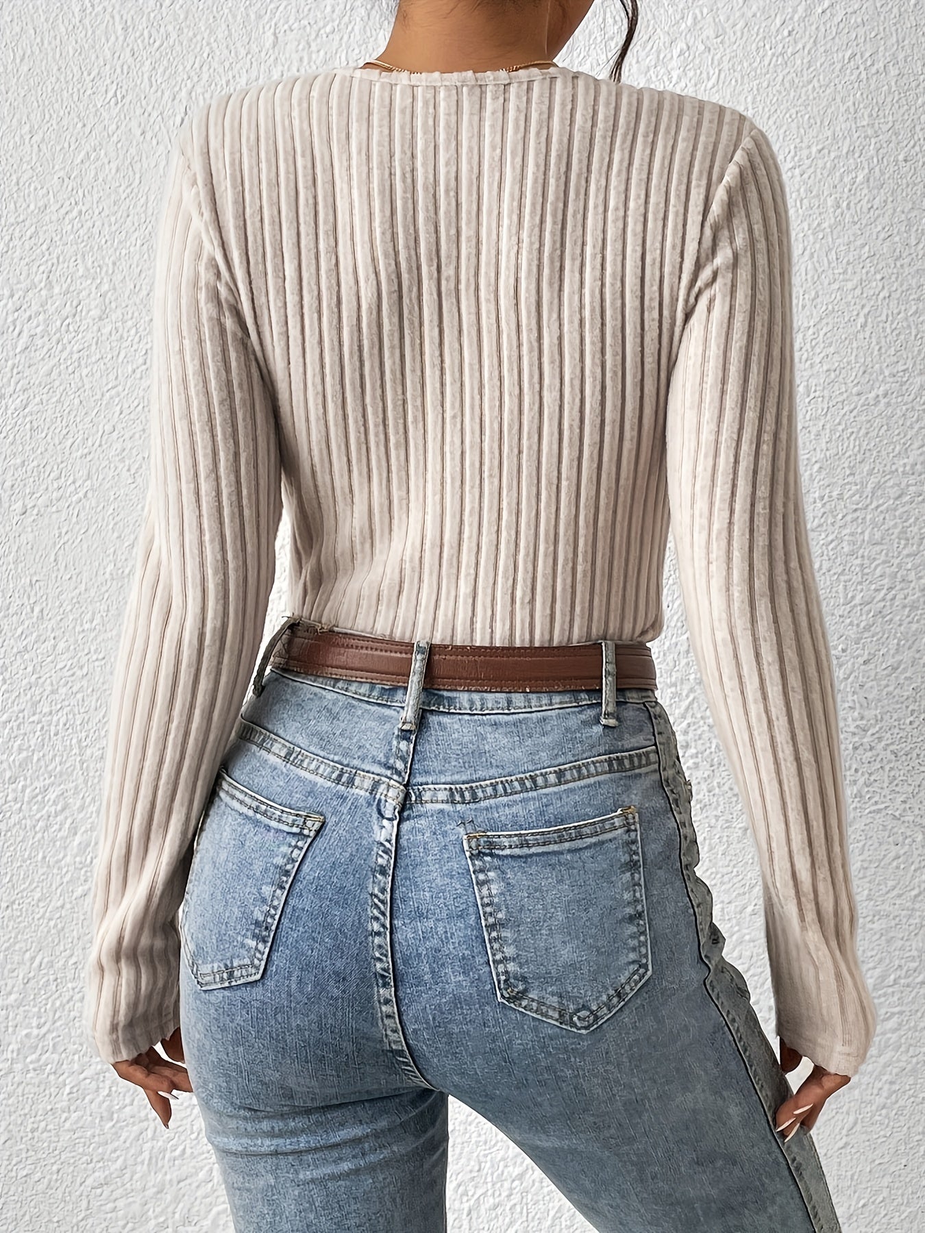 gbolsos Solid Rib Knit Sweater, Casual V Neck Long Sleeve Slim Sweater, Women's Clothing
