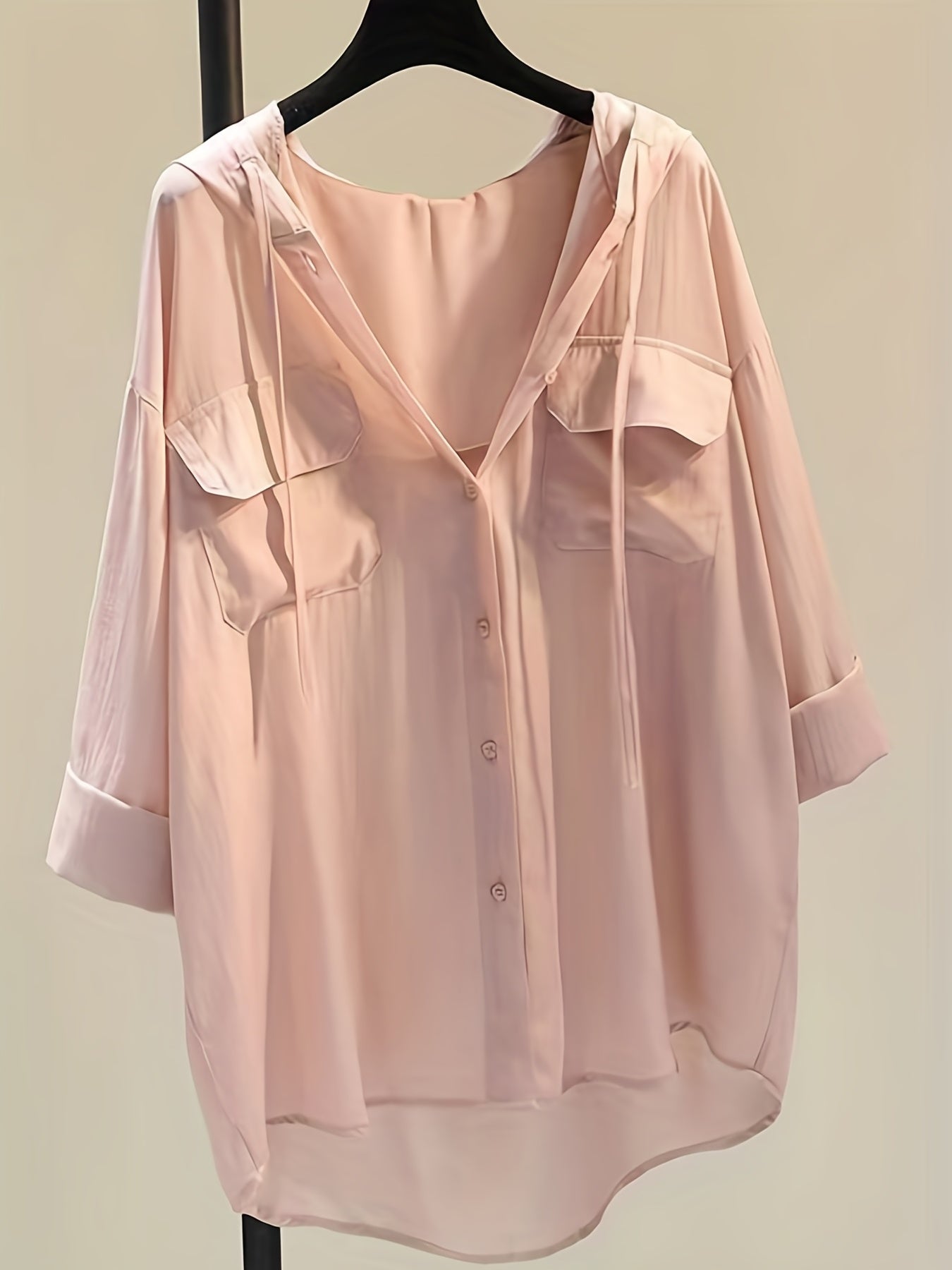 gbolsos Solid Pocket Button Hooded Blouse, Casual Drawstring Blouse For Spring & Summer, Women's Clothing