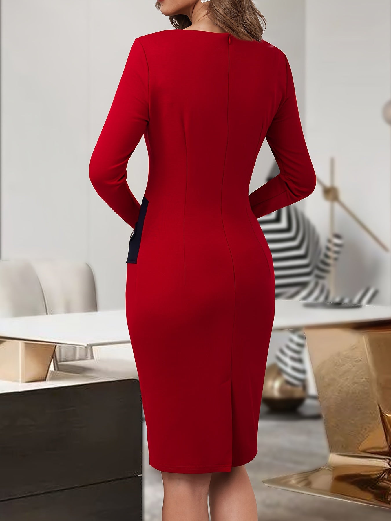 gbolsos Button Decor Color Block Dress, Elegant Long Sleeve Bodycon Dress, Women's Clothing