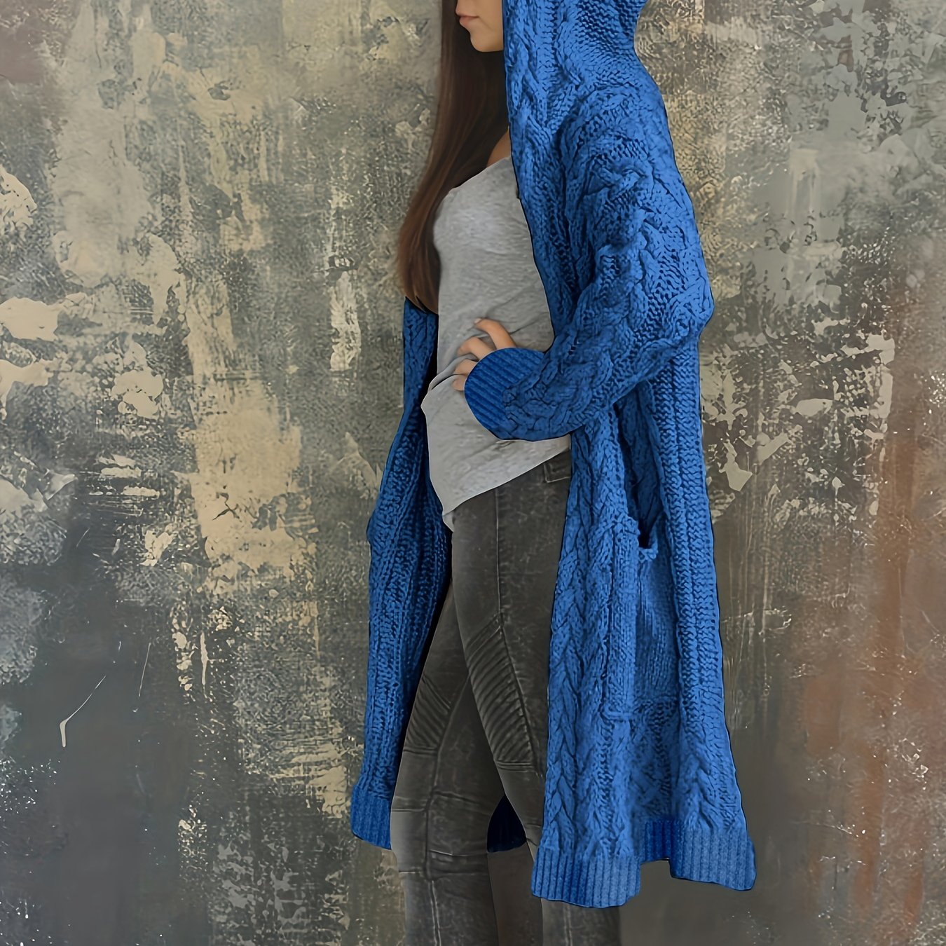 Chunky Knit Hooded Cardigan, Solid Long Open Front Sweater, Casual Cardigan For Fall & Winter, Women's Clothing