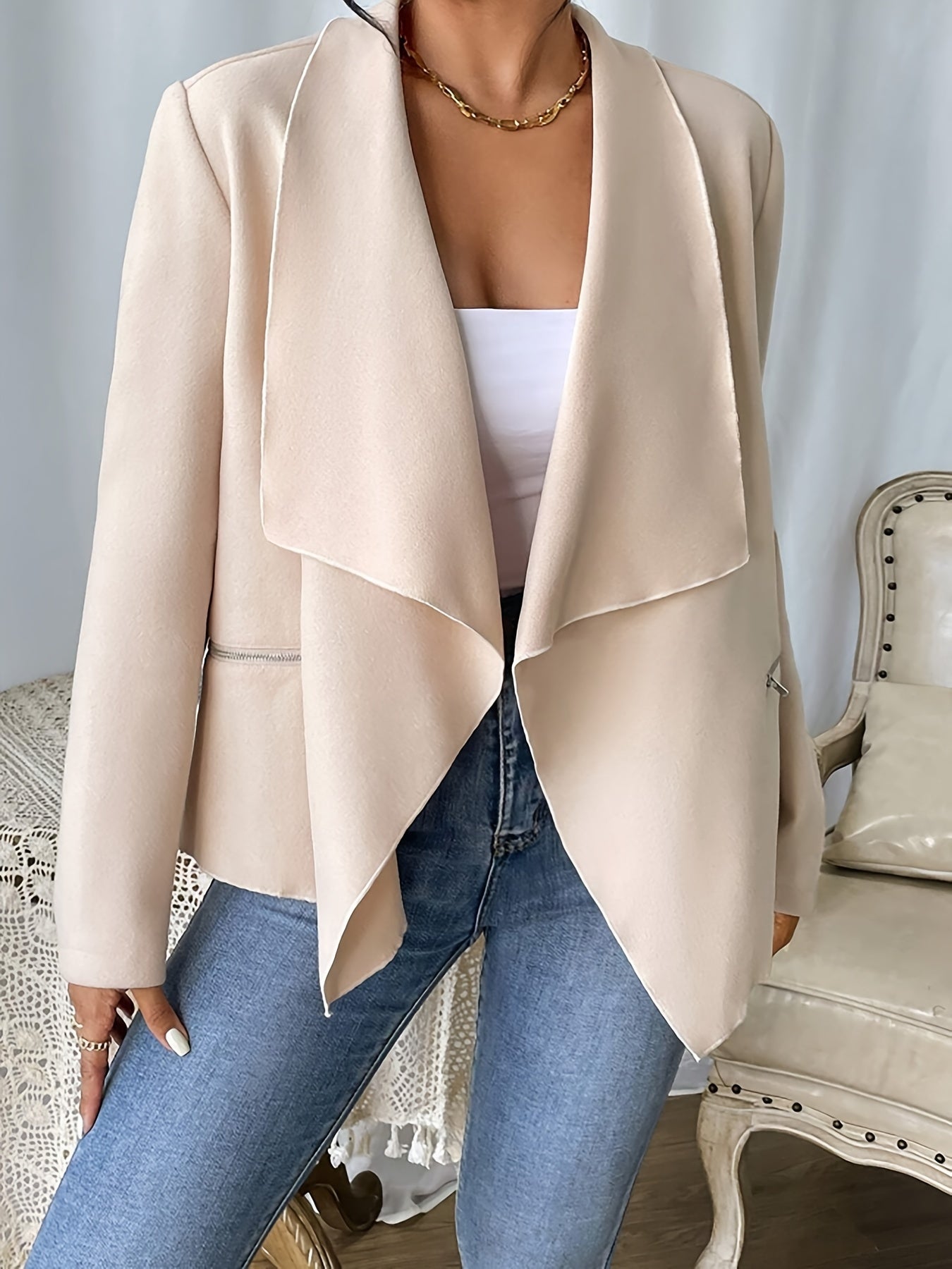 gbolsos Waterfall Collar Solid Jacket, Elegant Solid Long Sleeve Outerwear, Women's Clothing