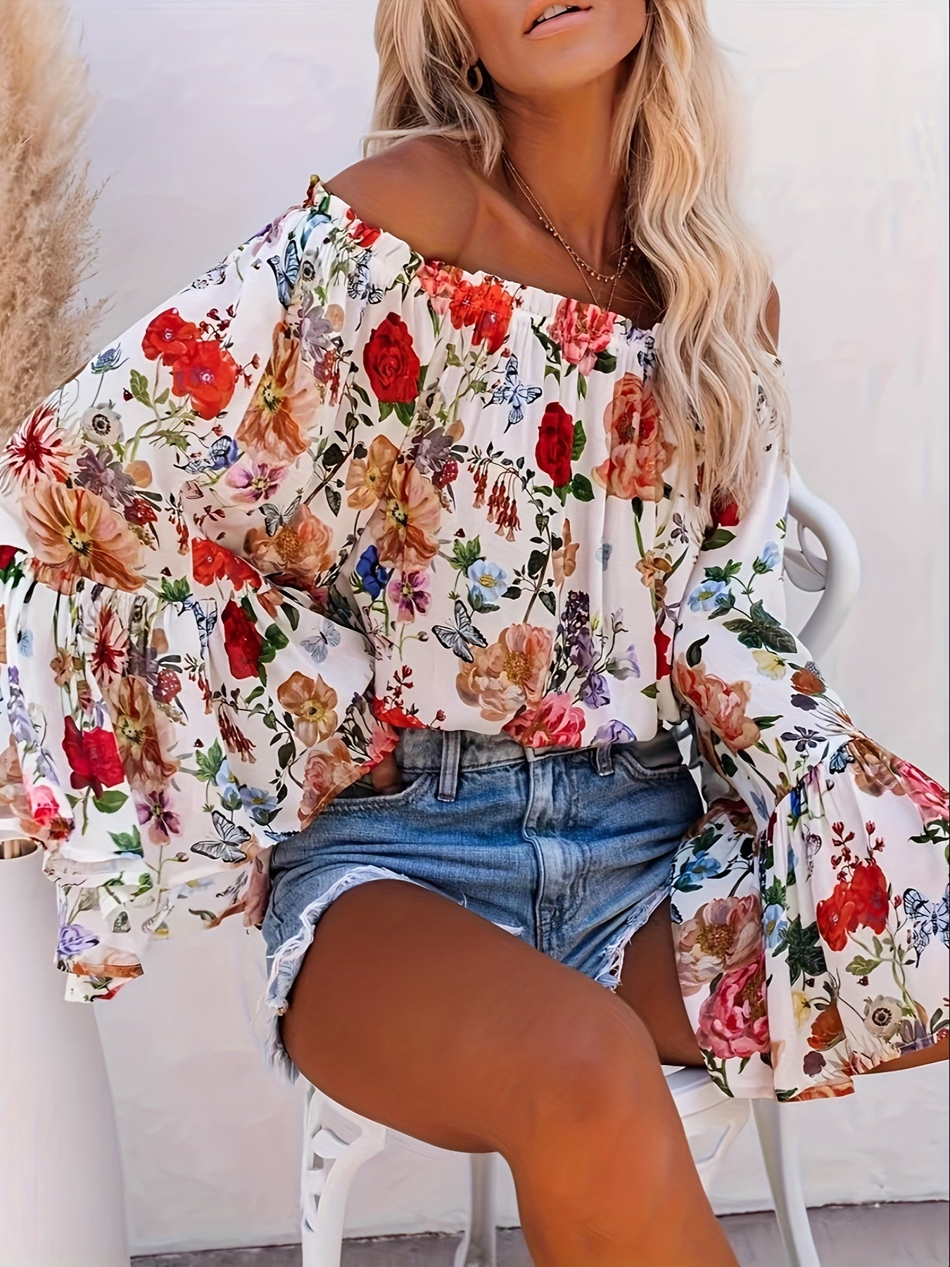 gbolsos Vintage Floral Print Blouse, Vacation Off Shoulder Flared Sleeve Blouse, Women's Clothing