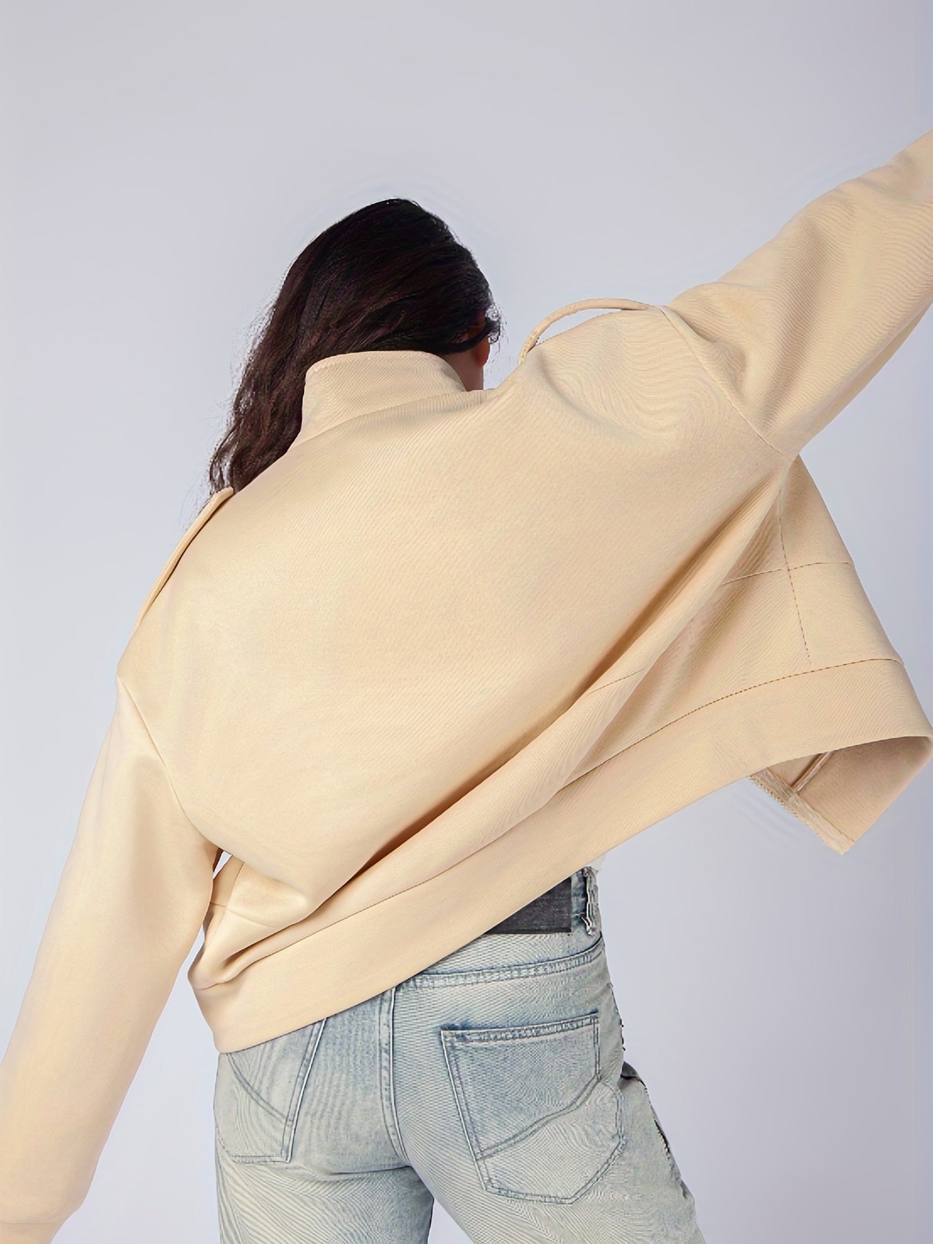 Plus Size Casual Jacket, Women's Plus Solid Zipper Long Sleeve Mock Neck Slight Stretch Jacket