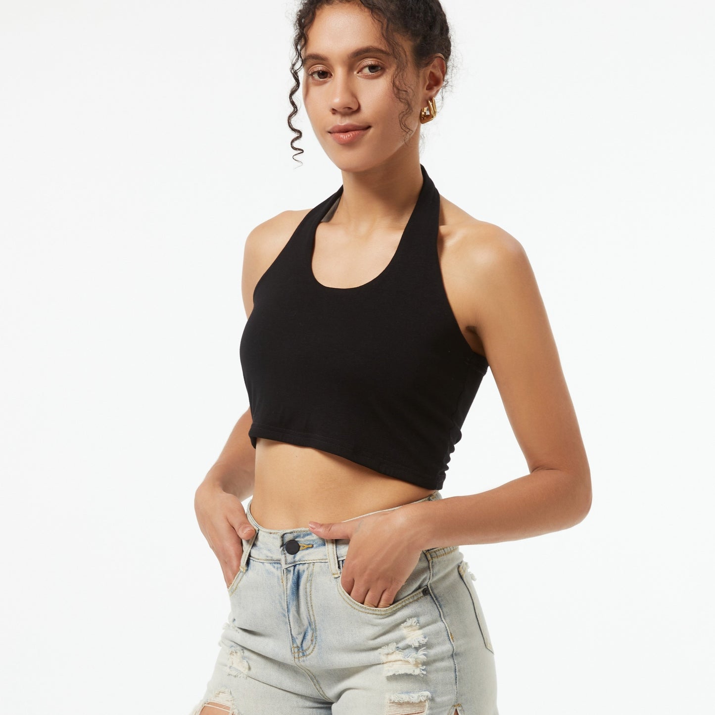 Solid Halter Neck Crop Top, Sexy Backless Halter Top For Summer, Women's Clothing