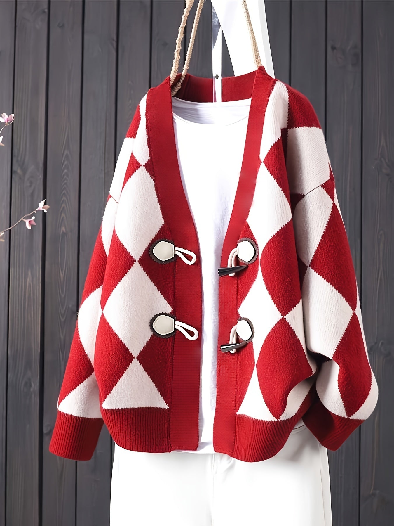 gbolsos Red & White Argyle Loose Cardigans, Vintage V-neck Long Sleeve Fall Winter Knit Cardigan, Women's Clothing