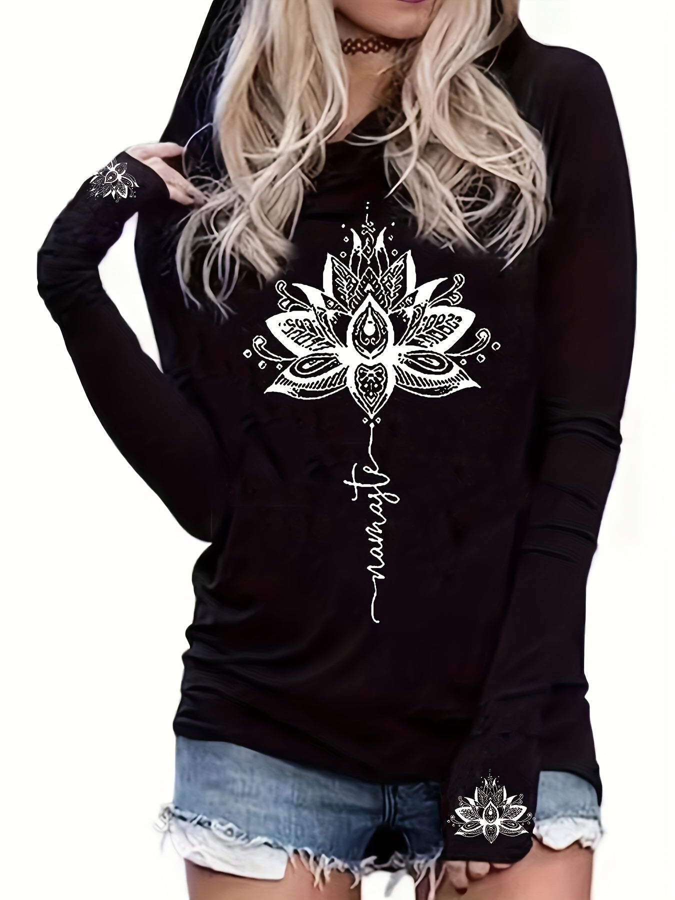 Lotus Print Crew Neck Hooded T-shirt, Casual Long Sleeve T-shirt For Spring & Fall, Women's Clothing