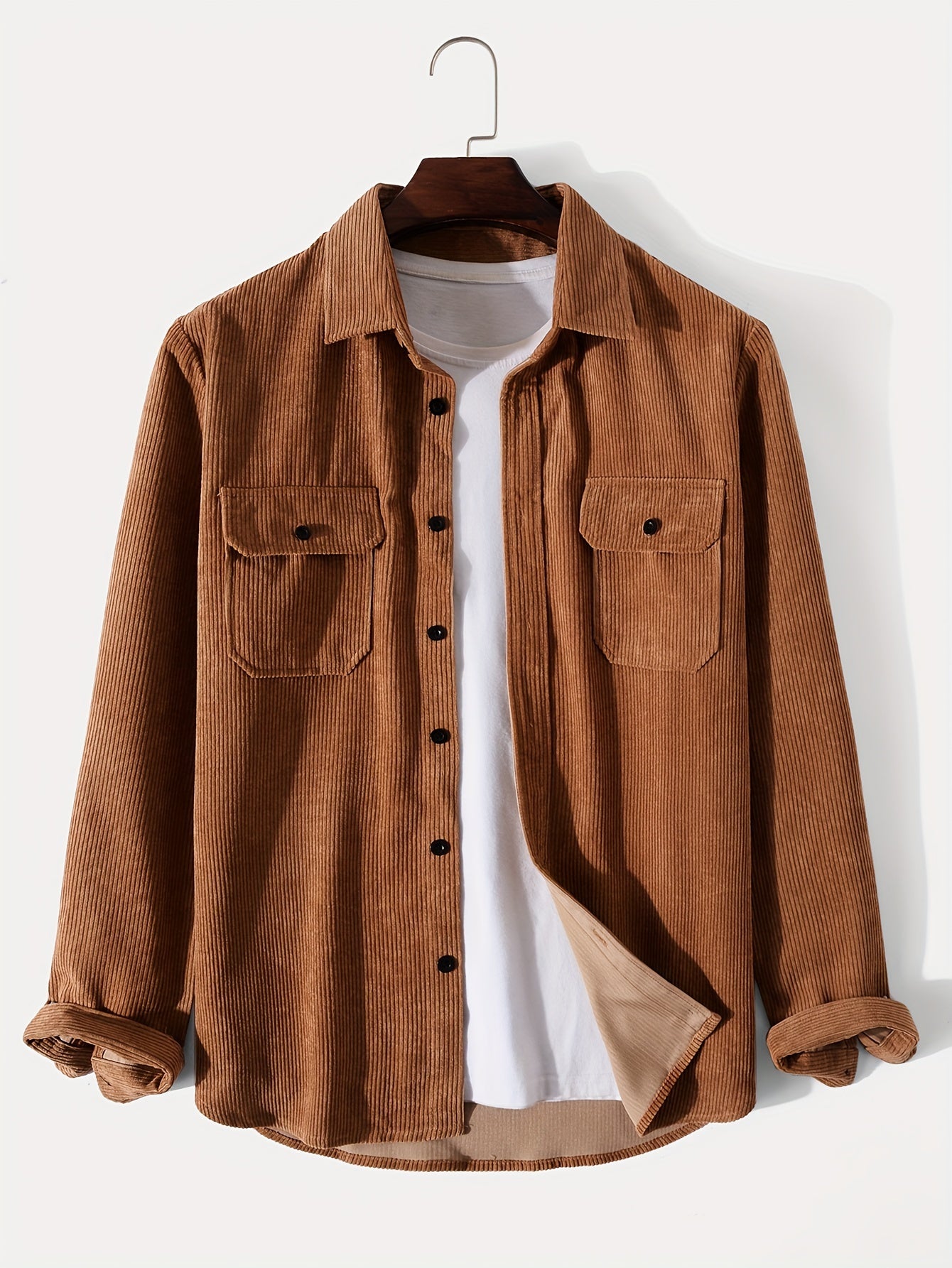 gbolsos Men's Retro Corduroy Shirt Top Turn-Down Collar Long Sleeve Closure Regular Fit Solid Male Casual Shirt For Daily