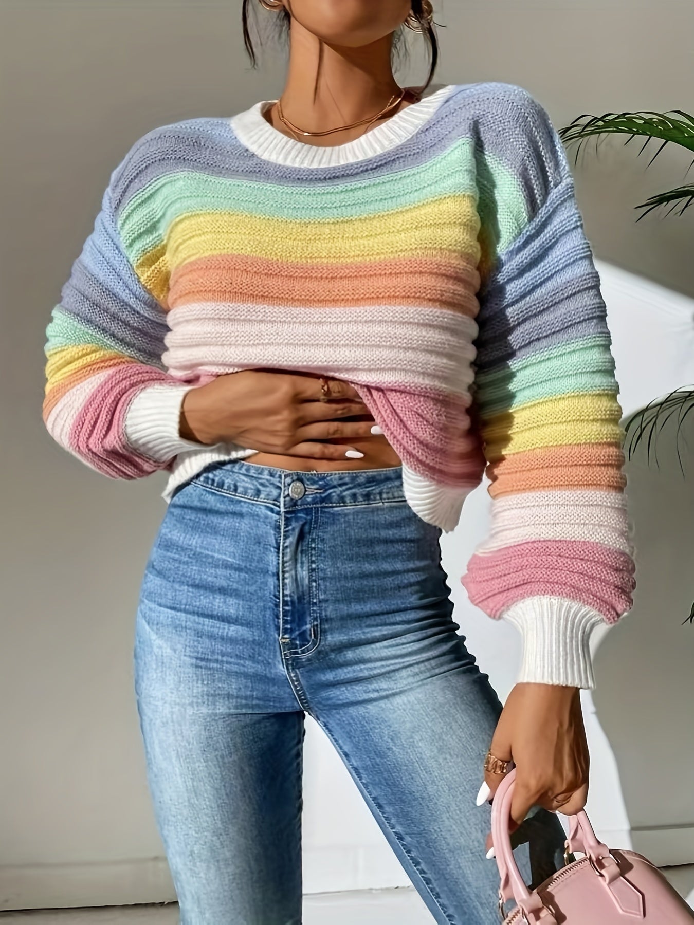 gbolsos Striped Pattern Crew Neck Sweater, Casual Long Lantern Sleeve Sweater For Spring & Fall, Women's Clothing