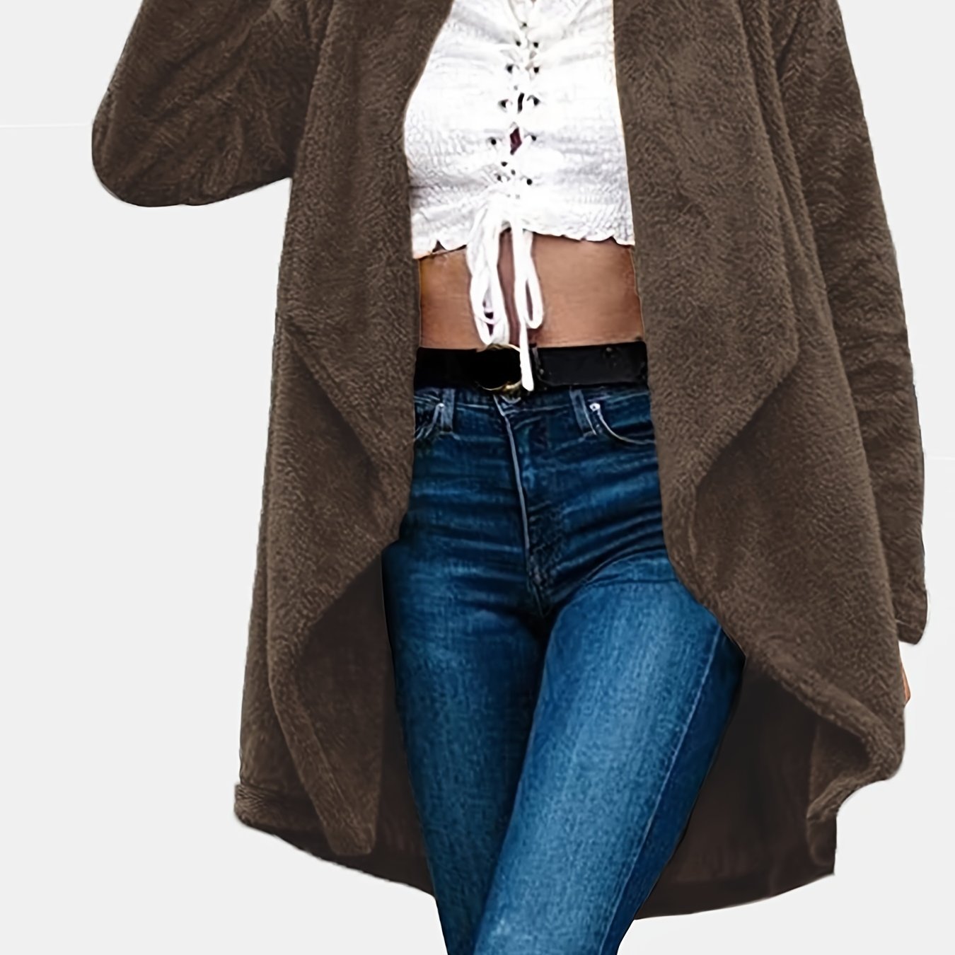 Plus Size Casual Coat, Women's Plus Solid Teddy Fleece Long Sleeve Lapel Collar Medium Stretch Overcoat