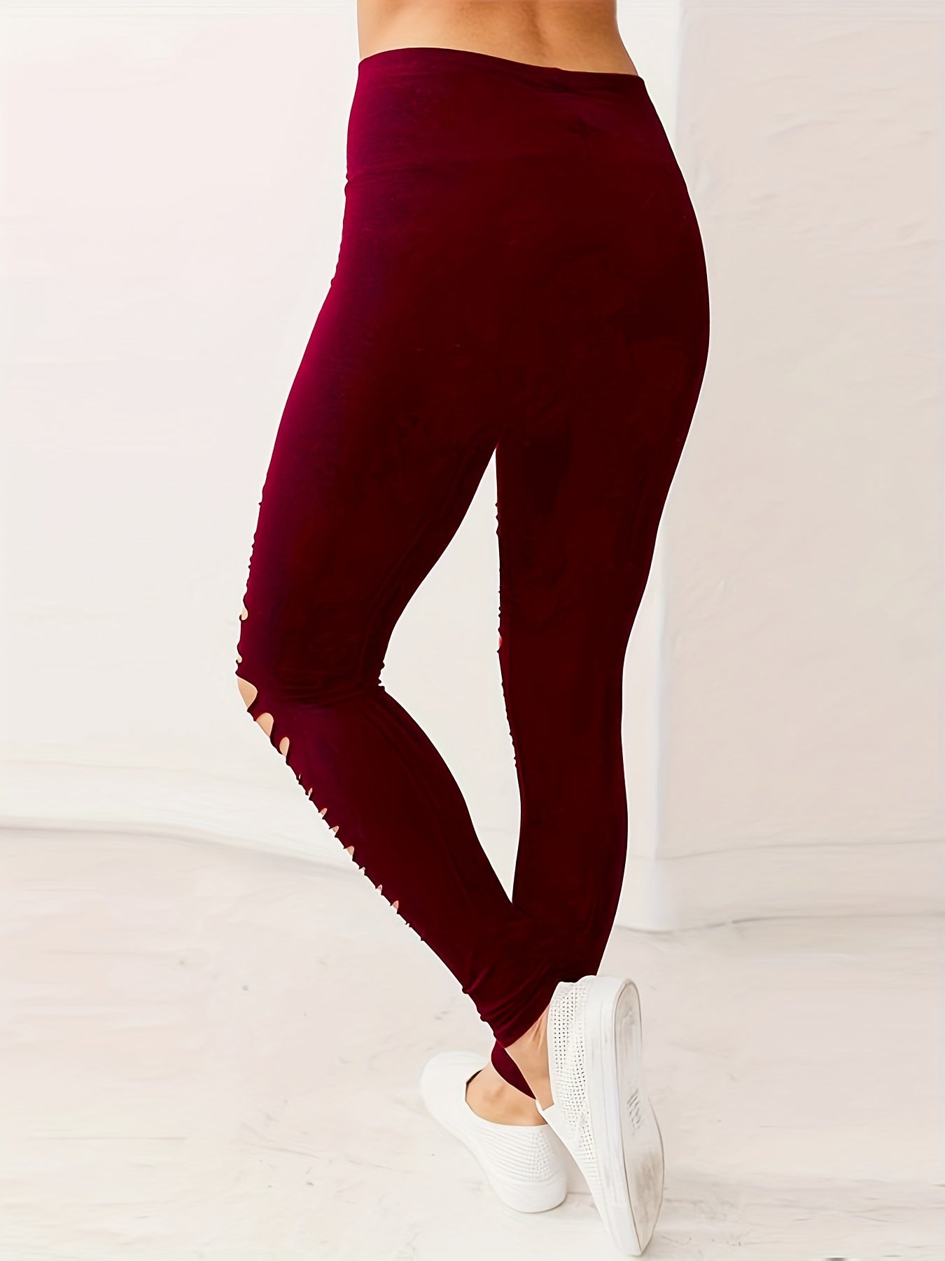 gbolsosBlack Ripped Skinny Pants, Casual High Waist Leggings For Spring & Summer, Women's Clothing