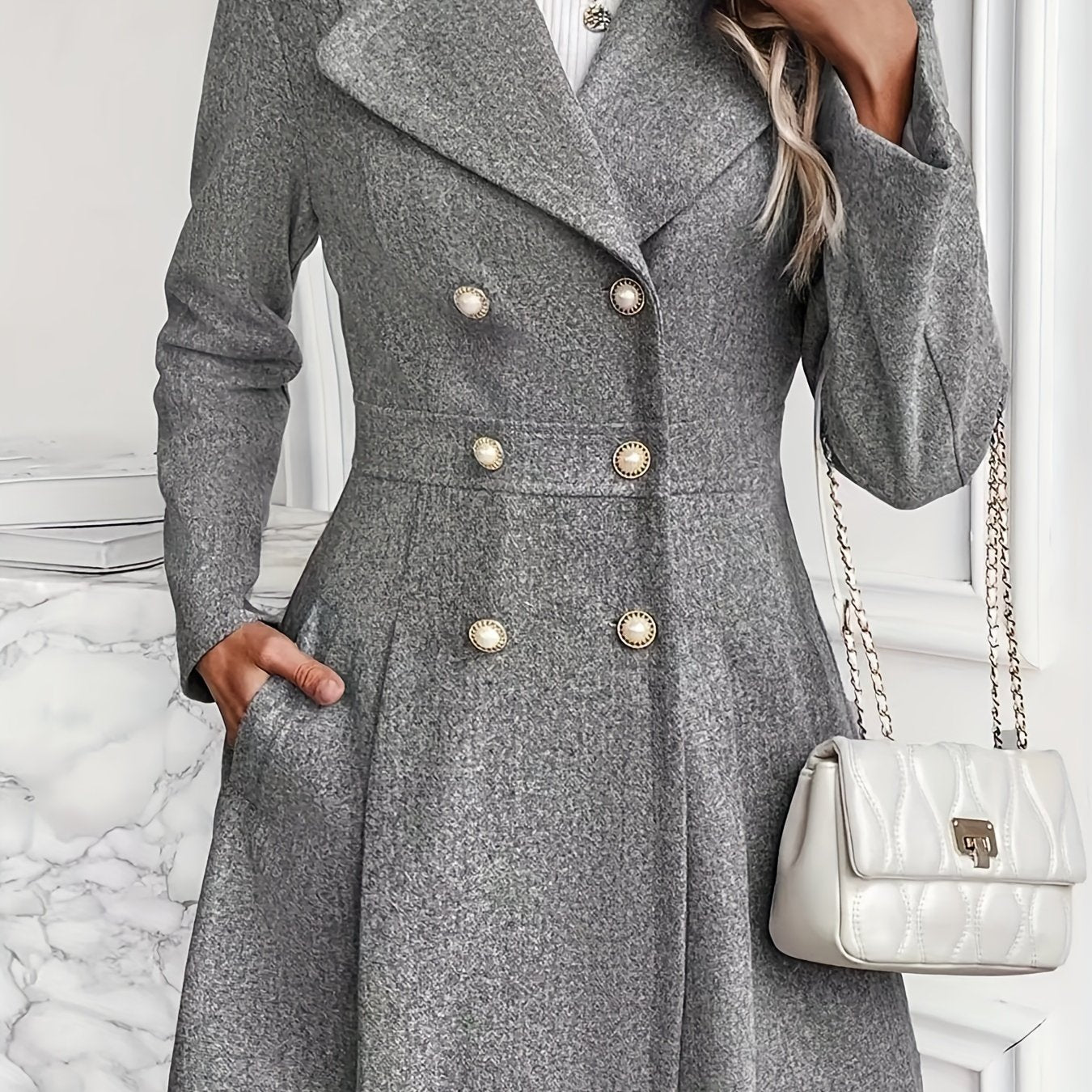 Solid Color Double Breasted Trench Coat, Casual Lapel Neck Long Sleeve Side Pockets Coat, Women's Clothing