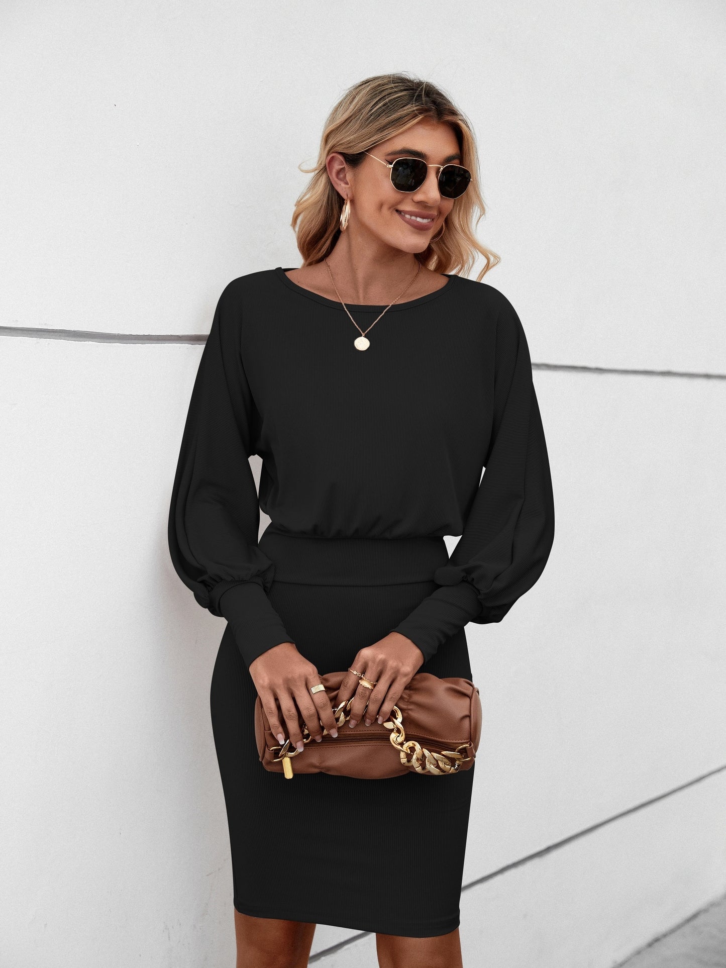gbolsos Solid Cinched Waist Bodycon Dress, Elegant Lantern Sleeve Dress For Spring & Fall, Women's Clothing
