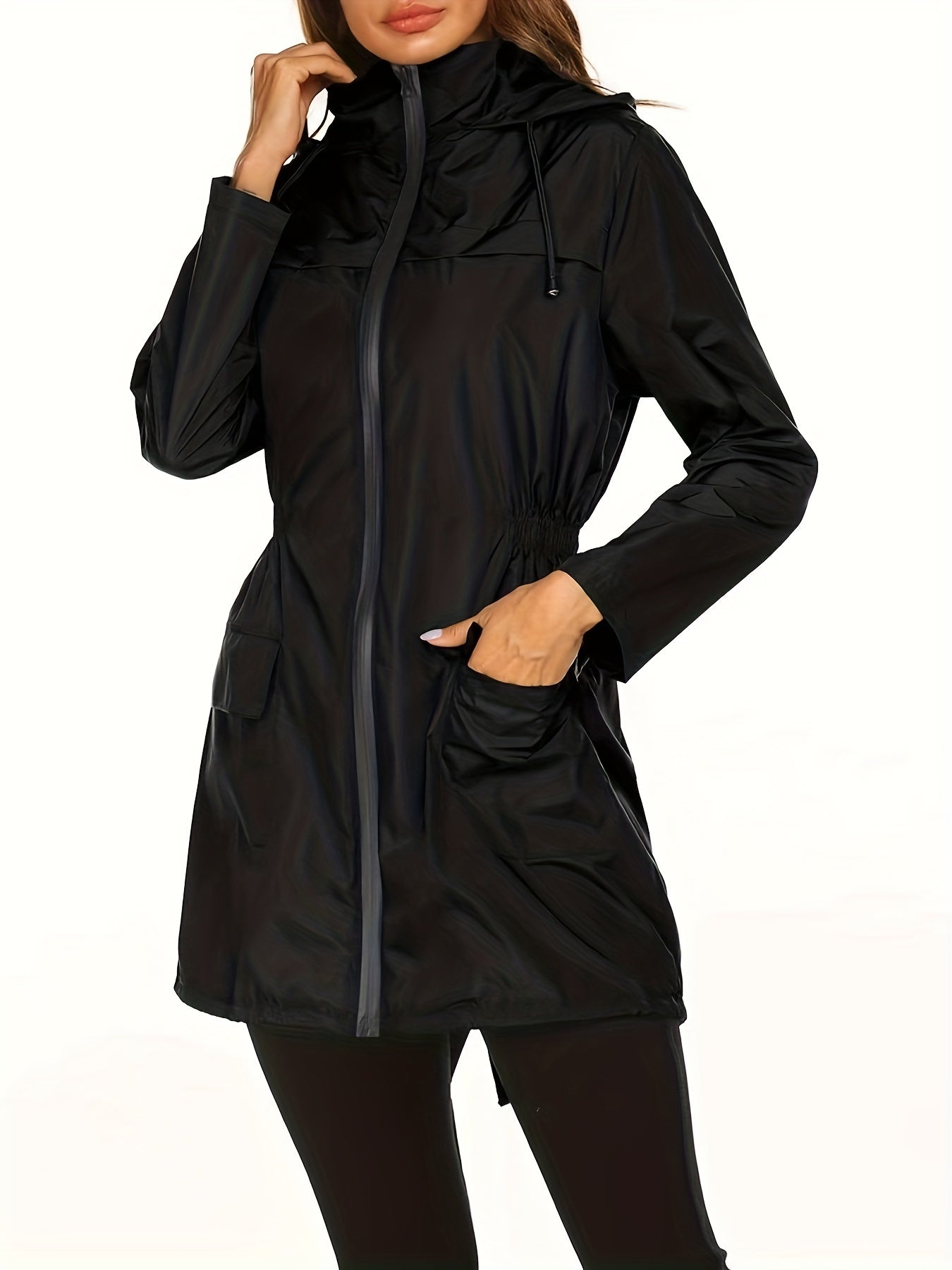 Plus Size Casual Coat, Women's Plus Solid Long Sleeve Zipper Hooded Drawstring Nipped Waist Tunic Jacket With Pockets