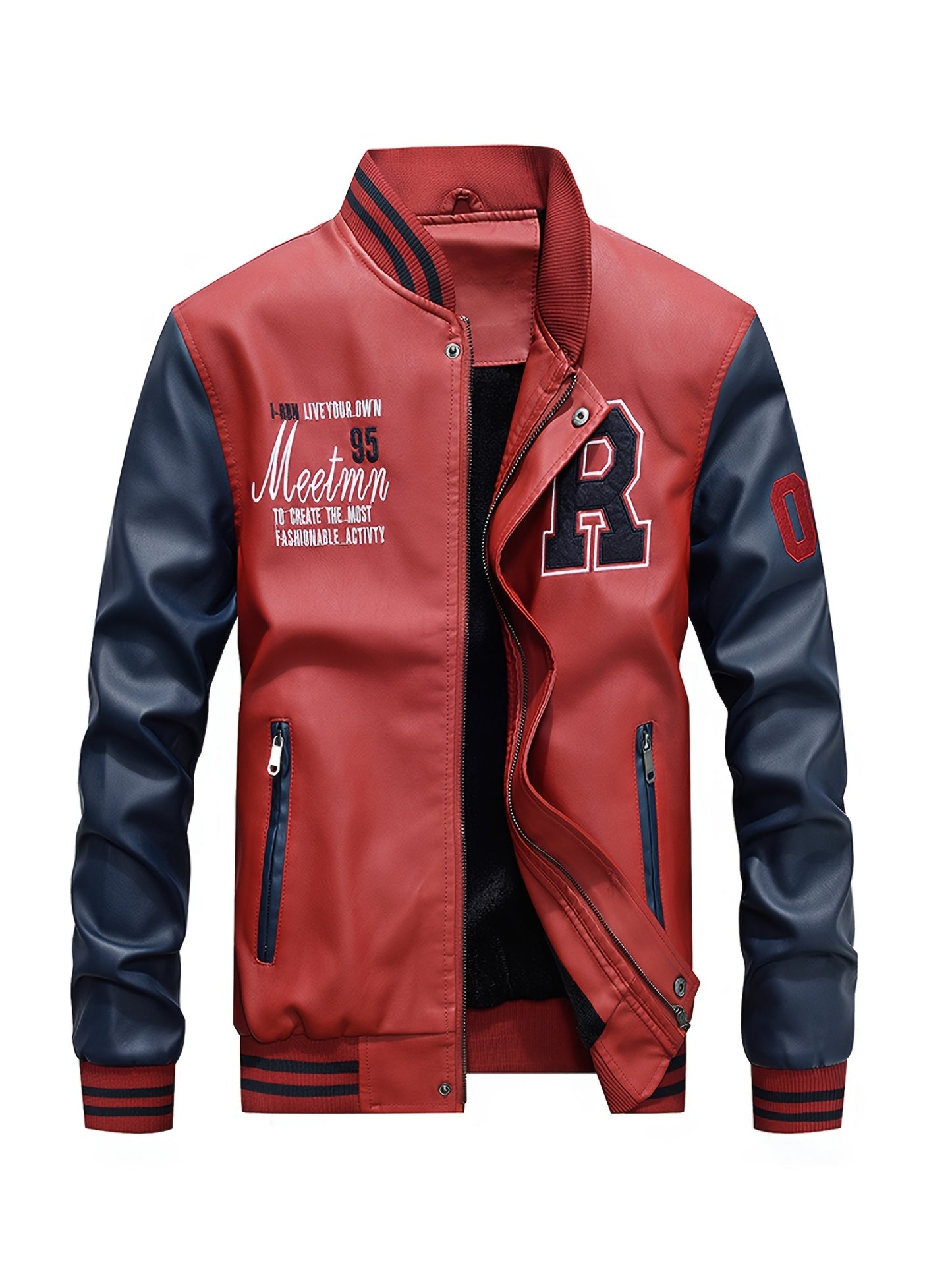 gbolsos Men's Casual Pockets "R" Print Zipper Long Sleeves Baseball Collar PULeather Jacket
