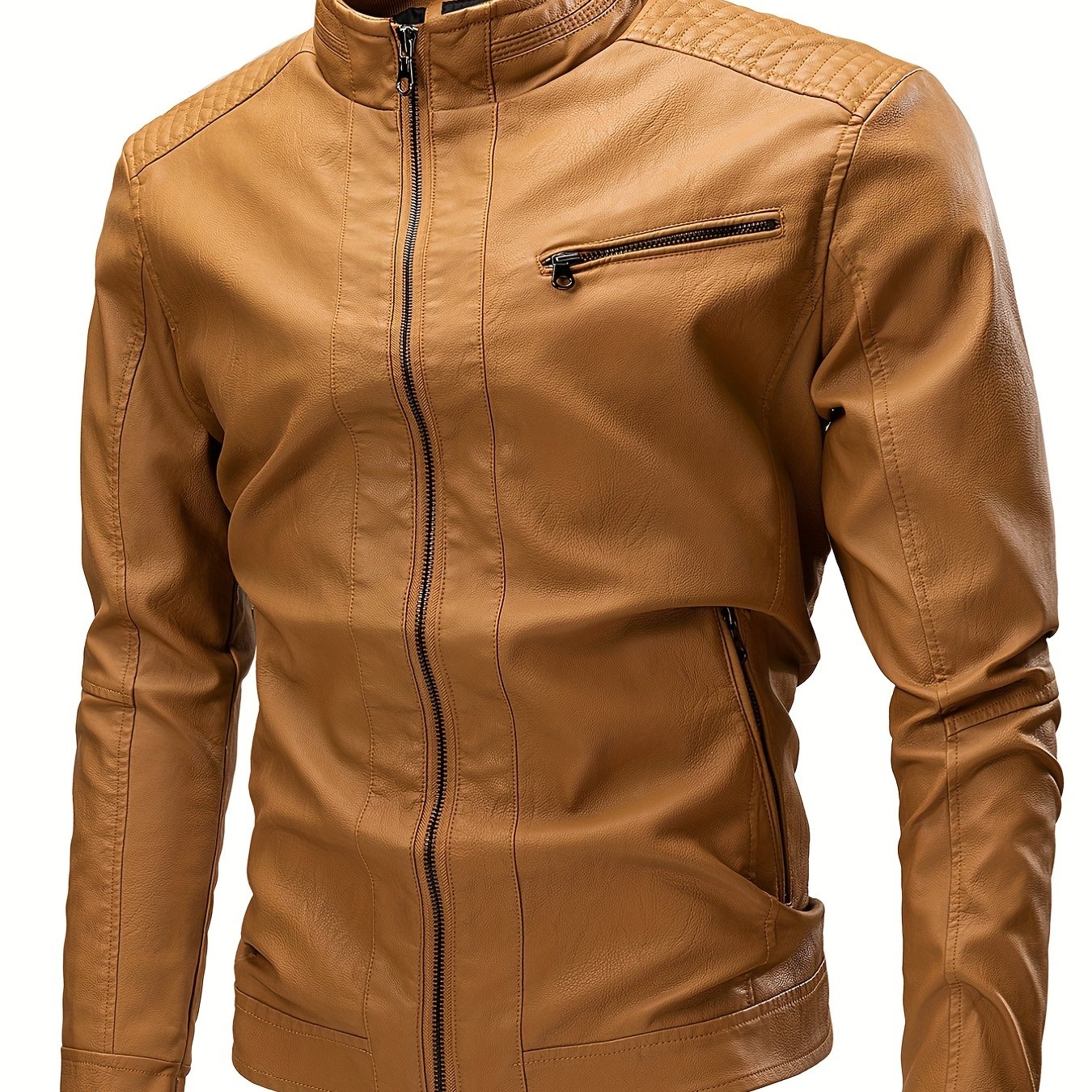 gbolsos Vintage PU Leather Jacket, Men's Casual Zip Up Stand Collar Faux Leather Jacket For Spring Fall Outdoor