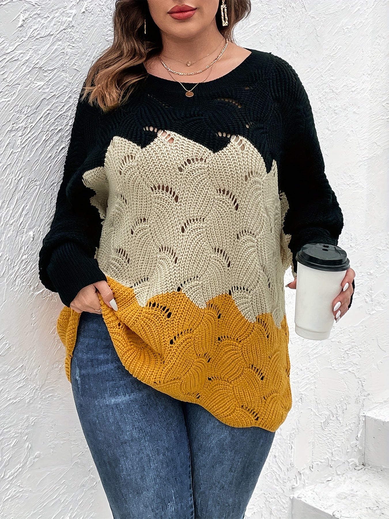 gbolsos Plus Size Colorblock Eyelet Embroidered Boat Collar Sweater, Women's Plus Slight Stretch Casual Sweater