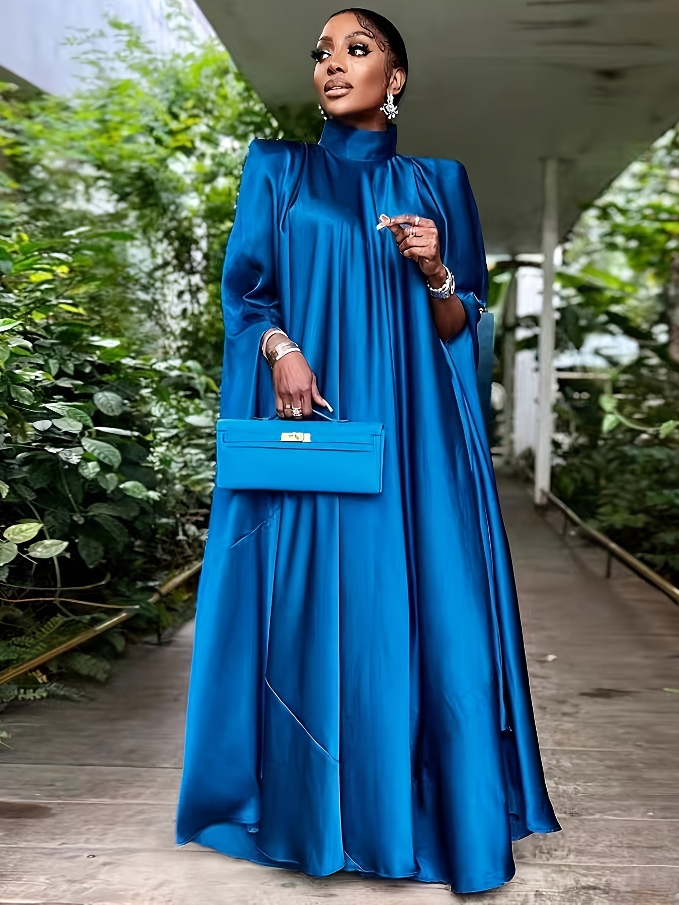 Plus Size Elegant Abaya Dress, Women's Plus Satin Bat Sleeve Mock Neck Maxi Muslim Caftan Dress