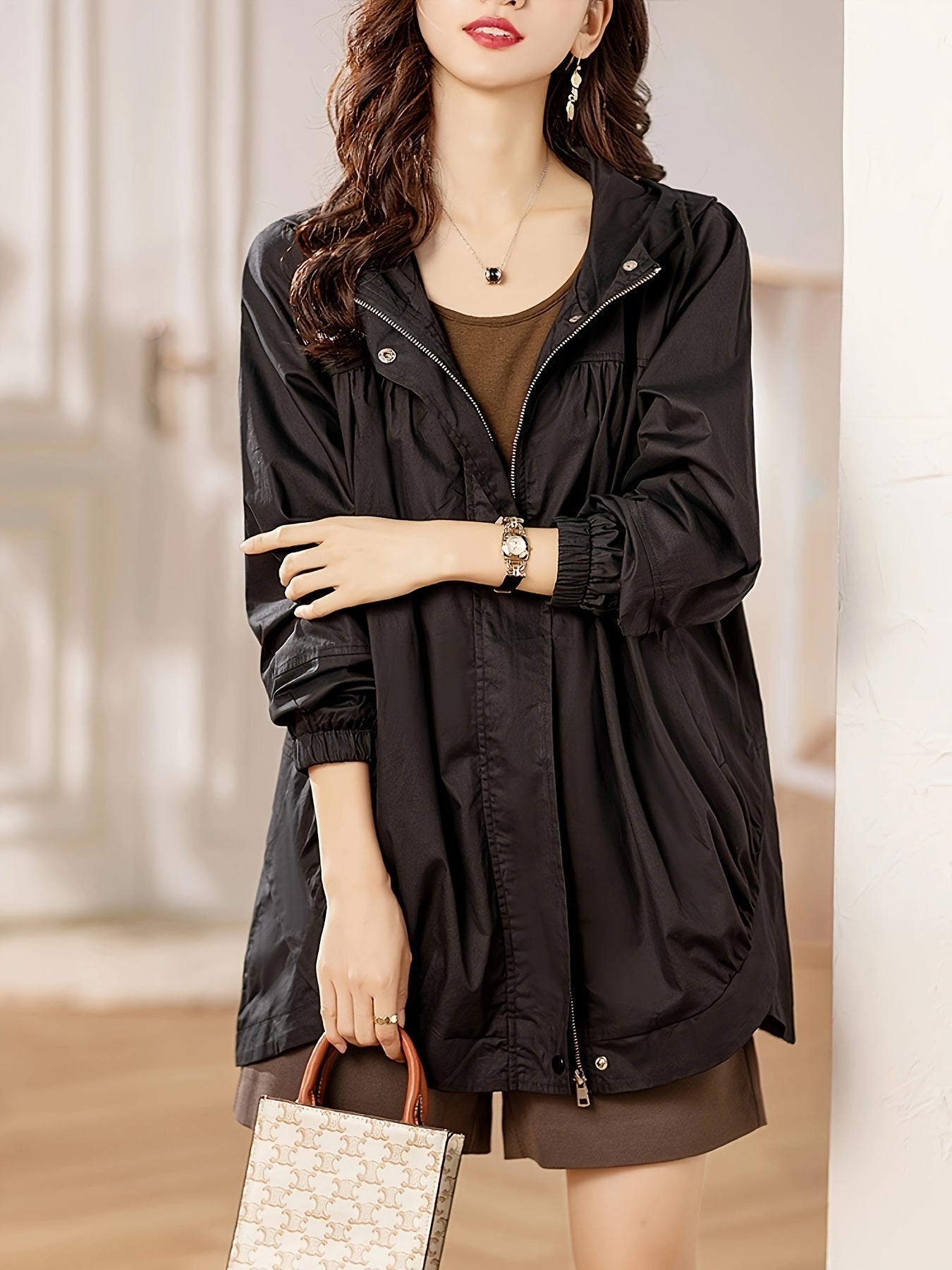 gbolsos Plus Size Solid Hooded Trench Coat, Casual Zip Up Long Sleeve Coat, Women's Plus Size Clothing