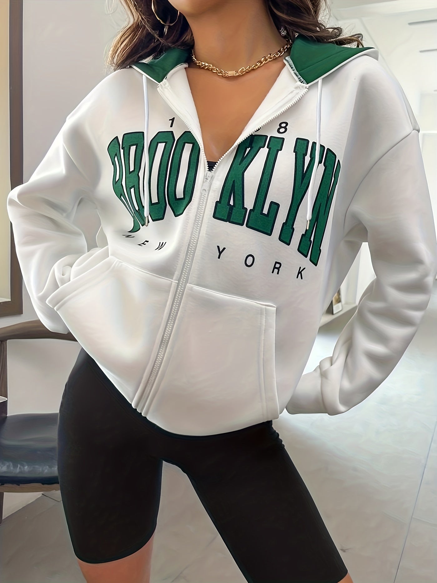 gbolsos Letter Print Zip Up Hoodie, Casual Long Sleeve Hoodies Sweatshirt, Women's Clothing