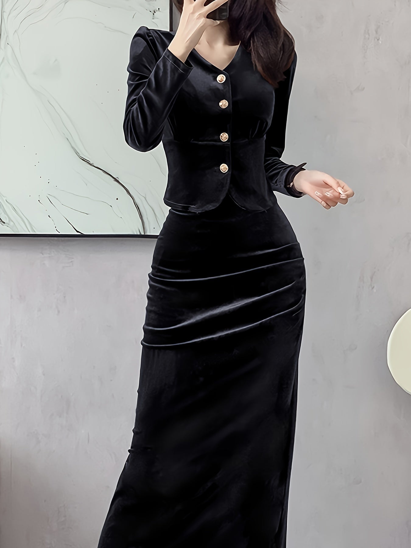 Solid Bodycon Two-piece Set, Button Front Long Sleeve Tops & High Waist Midi Skirts Outfits, Women's Clothing