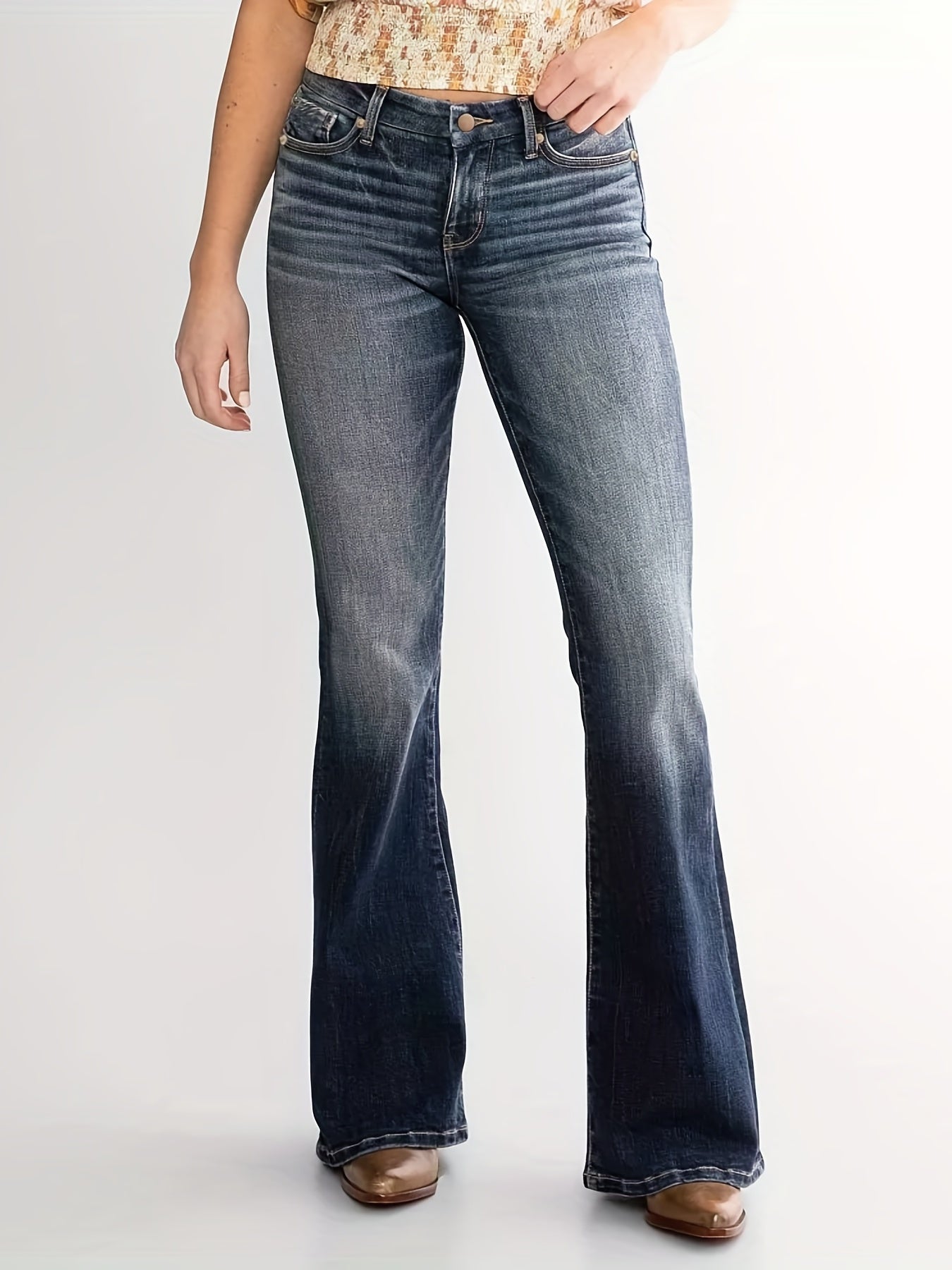 gbolsos Double Button Whiskering Flare Leg Jeans, Mid Waist Retro Faded Watter Tipple Embossed Denim Pants, Women's Denim Jeans & Clothing