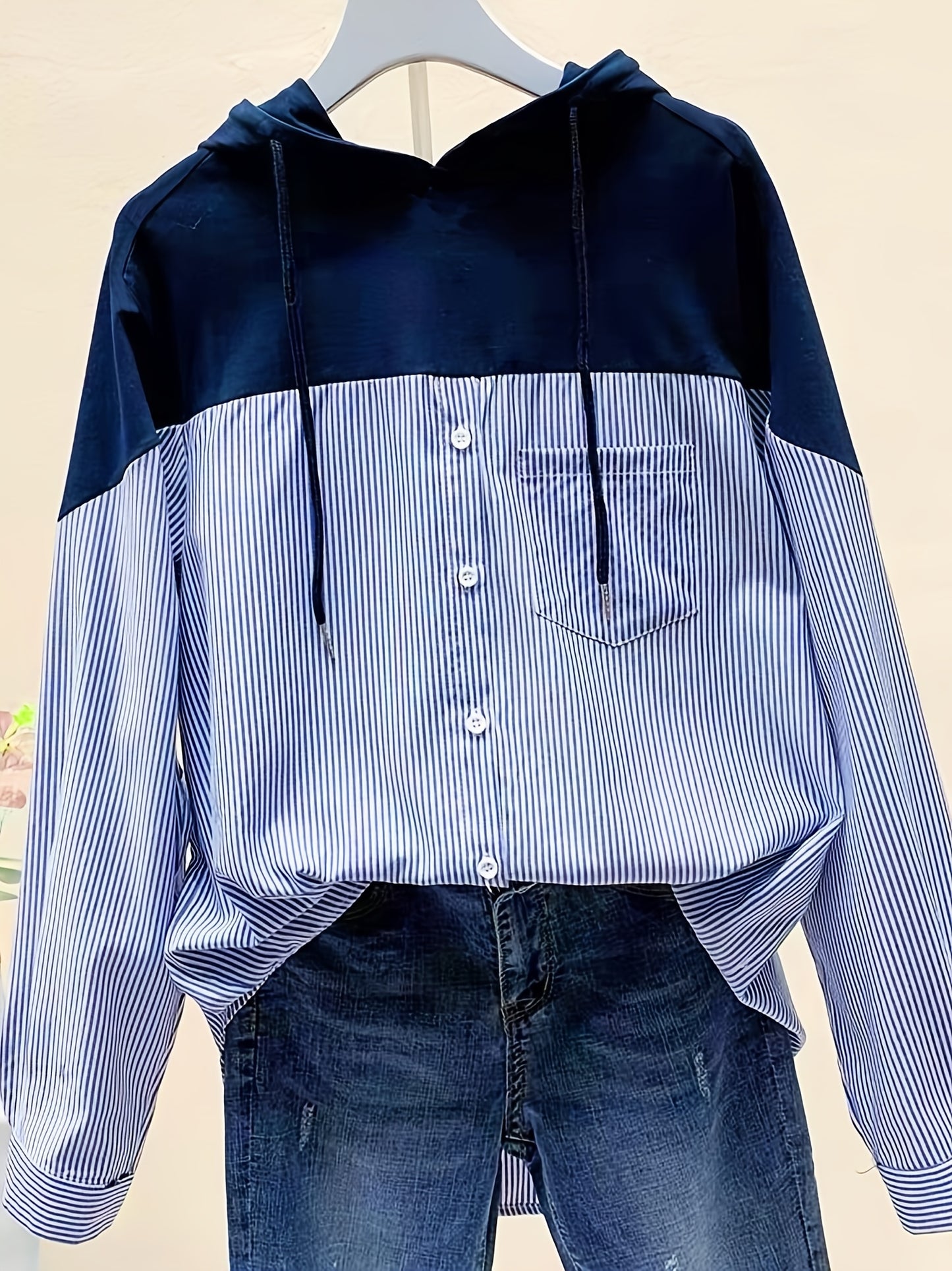 gbolsos Patchwork Striped Print Button Hoodie, Casual Cuff Sleeve Drawstring Hoodies Sweatshirt, Women's Clothing