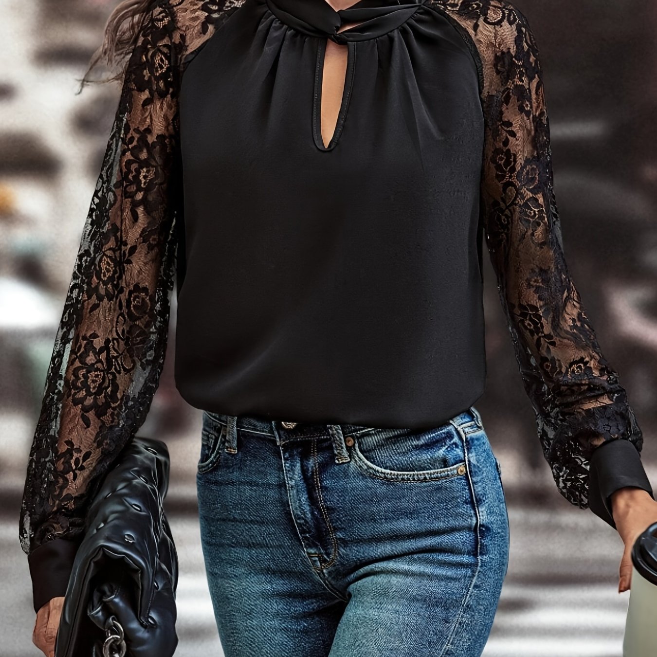 gbolsos Floral Lace Stitching Blouse, Casual Long Sleeve Blouse For Spring & Fall, Women's Clothing