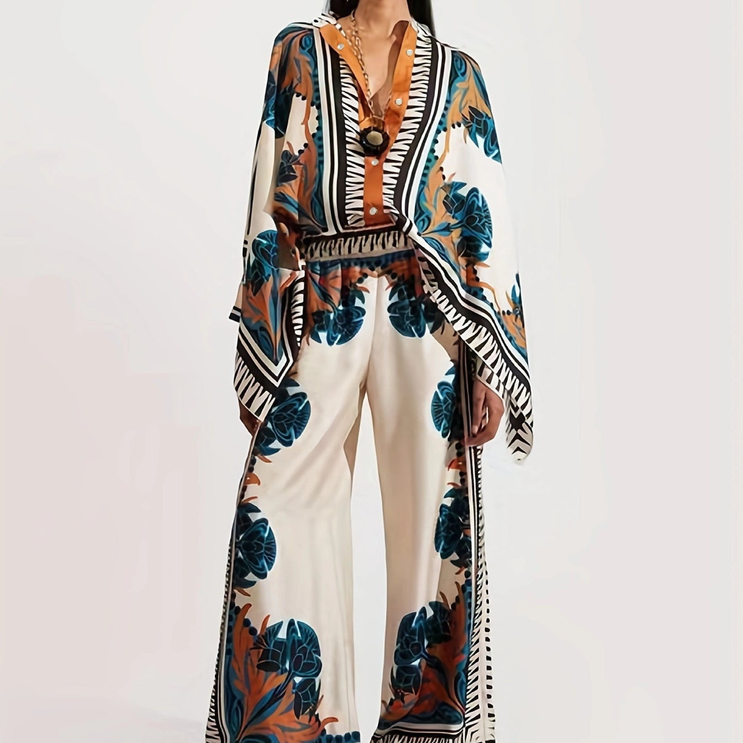 gbolsos Vacation Ethnic Print Two-piece Set, Long Sleeve Button Front Blouse & High Waist Wide Leg Pants Outfits, Women's Clothing