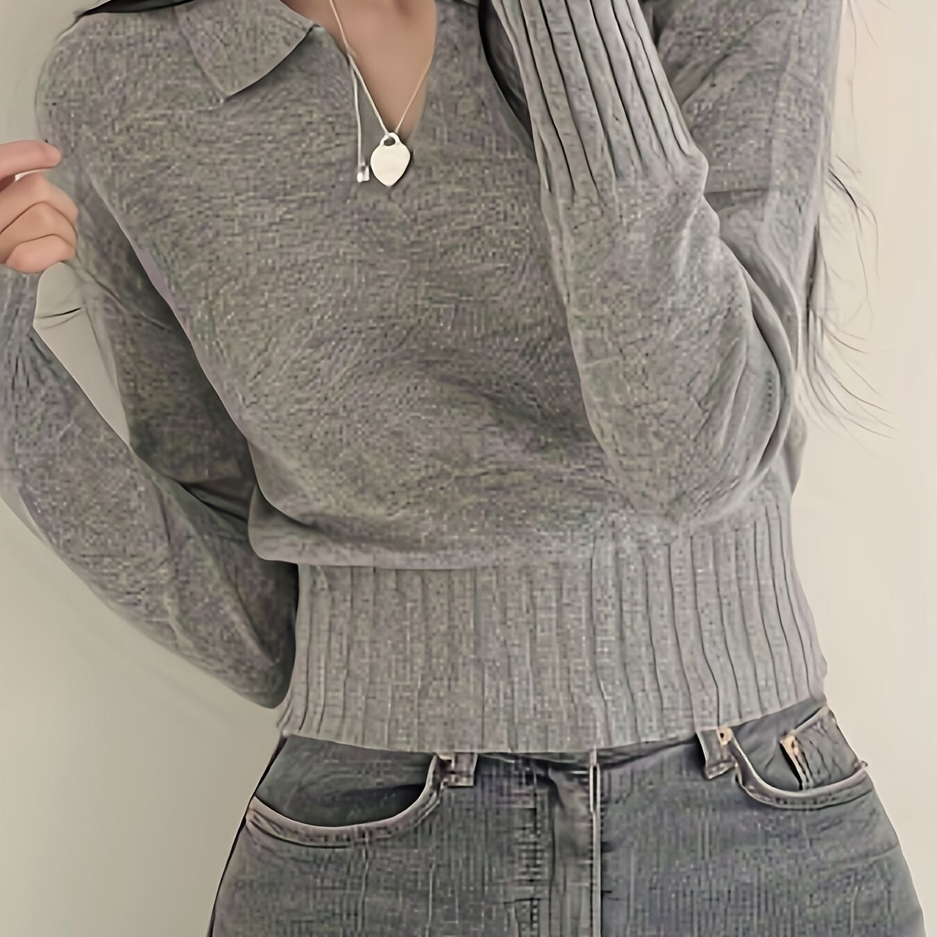 gbolsos Solid Notched Collar Pullover Sweater, Casual Long Sleeve Crop Sweater For Spring & Fall, Women's Clothing
