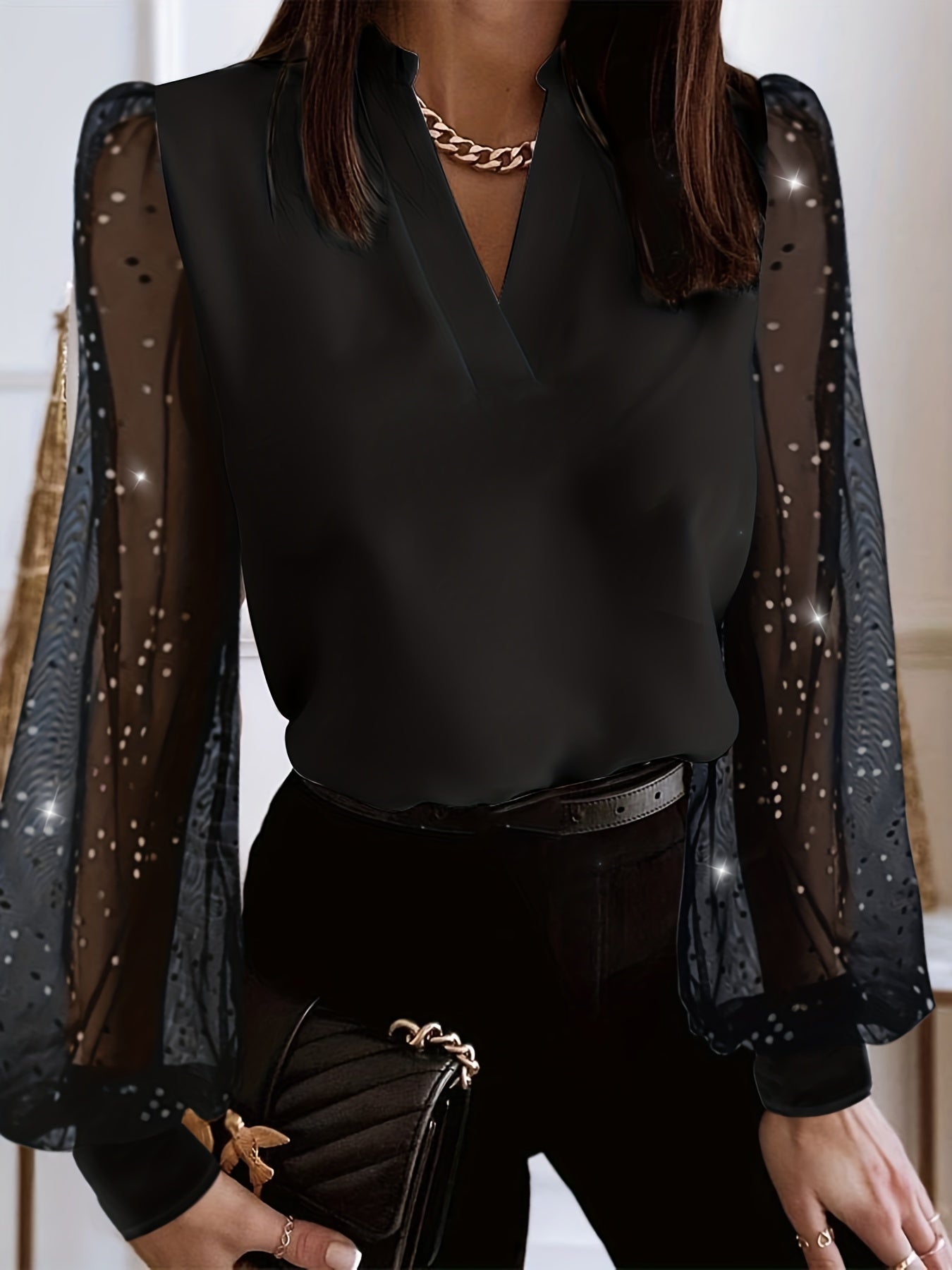 gbolsos Solid Sheer Sleeve Blouse, Elegant V Neck Blouse For Spring & Fall, Women's Clothing