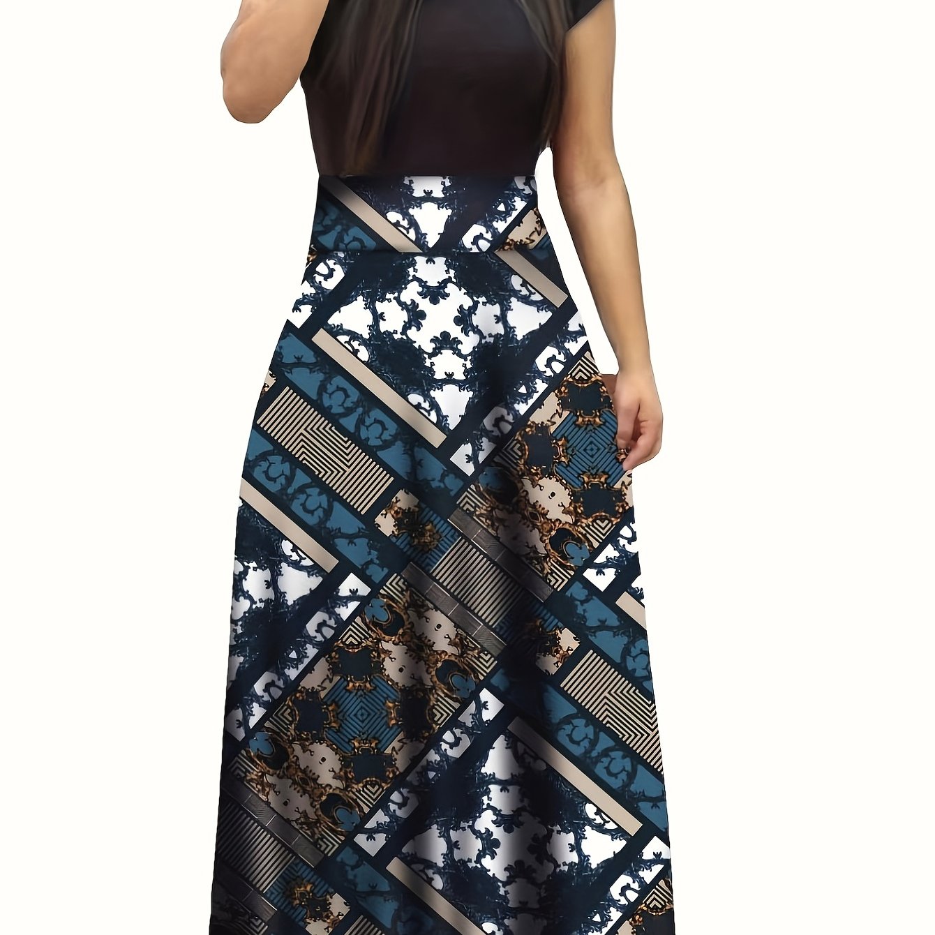 gbolsos Floral Print Splicing Dress, Elegant Crew Neck Short Sleeve Pleated Maxi Dress, Women's Clothing
