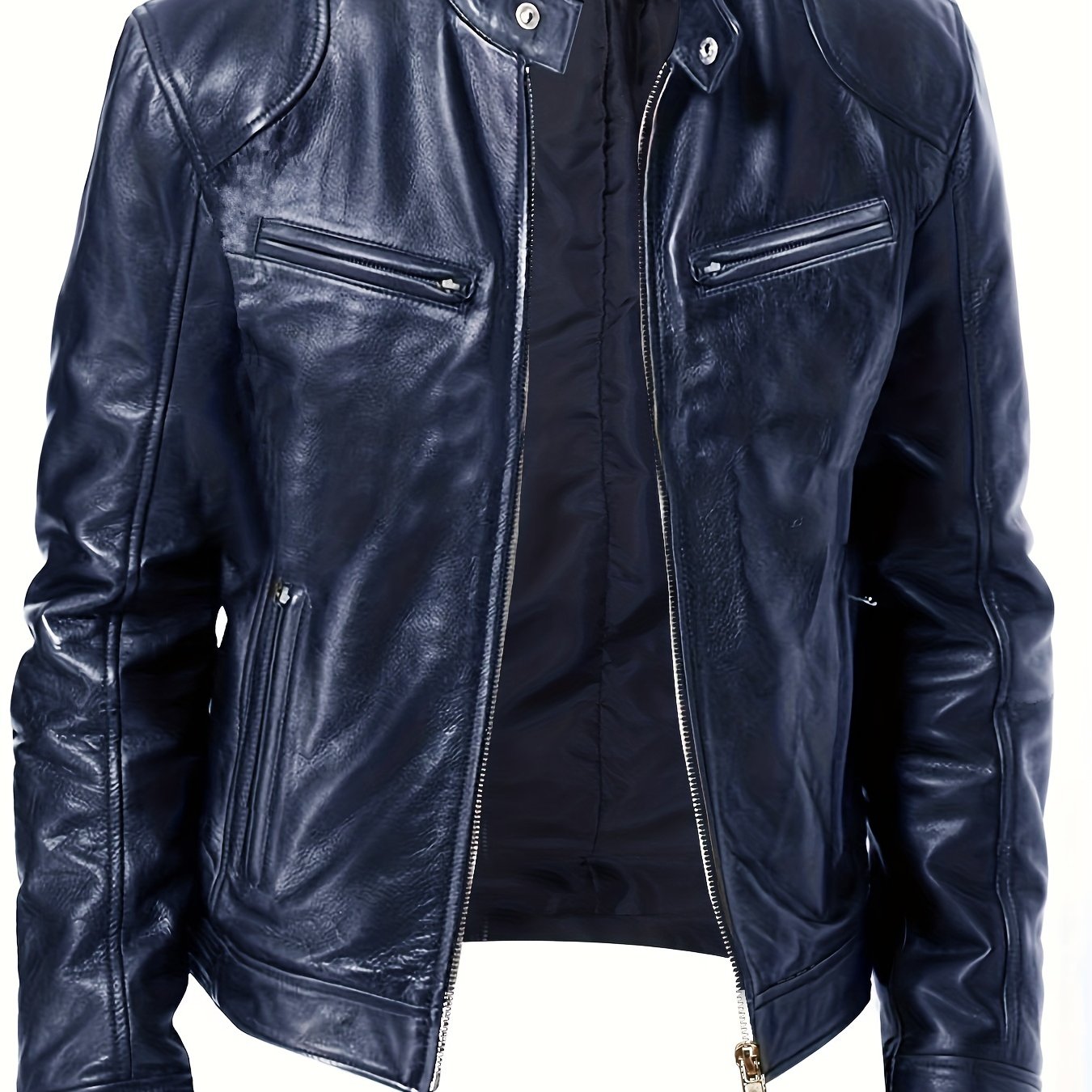 gbolsos Zipper Pockets PU Jacket, Men's Casual Solid Color Zip Up Stand Collar Faux Leather Jacket For Spring Fall