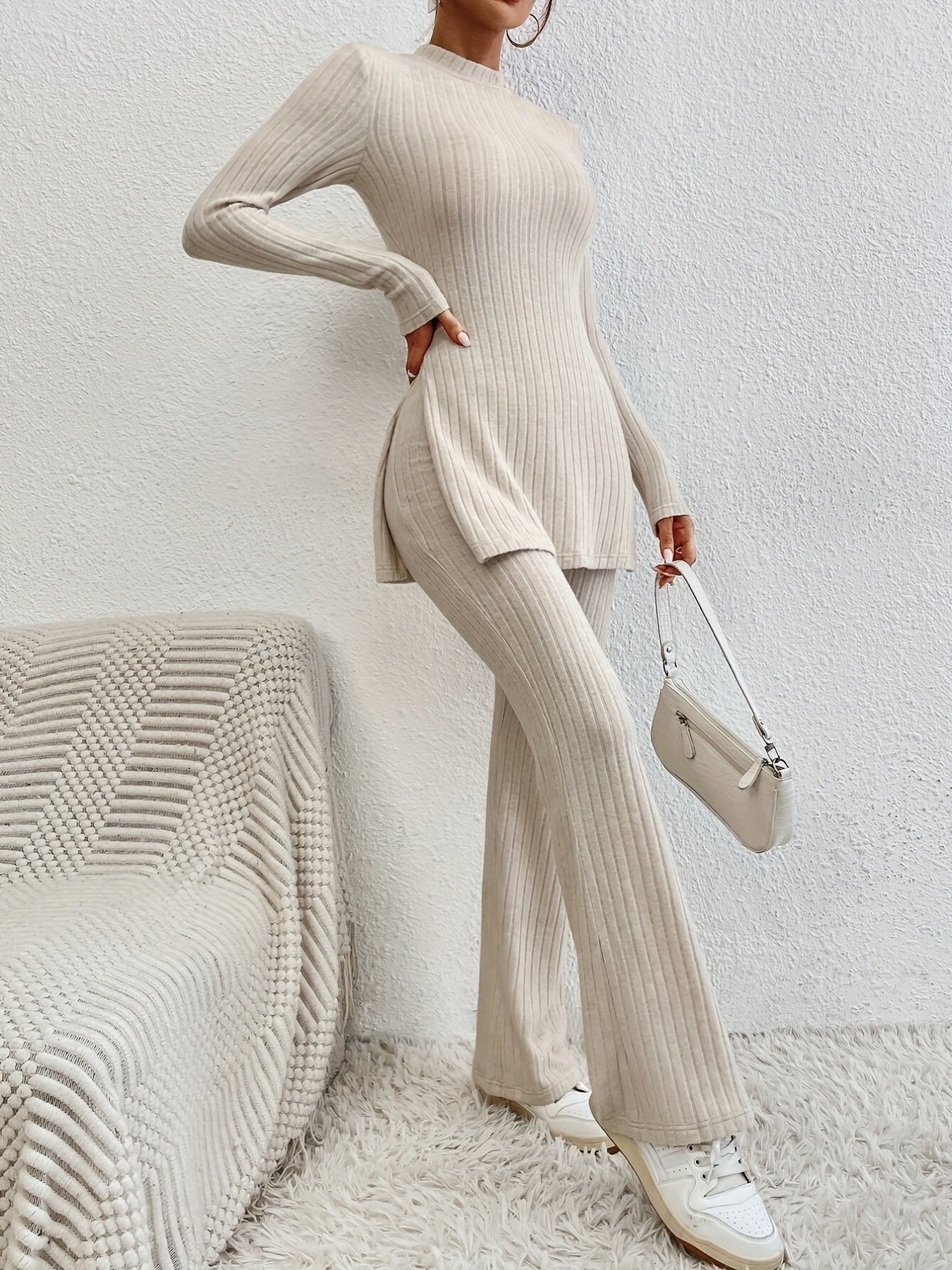 gbolsos Solid Ribbed Lounge Set, Long Sleeve Side Split Top & Elastic Waistband Pants, Women's Loungewear & Sleepwear