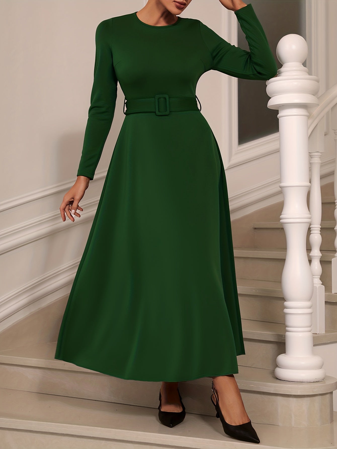 gbolsos Solid Long Sleeve Belt Dress, Elegant Crew Neck Dress For Spring & Fall, Women's Clothing
