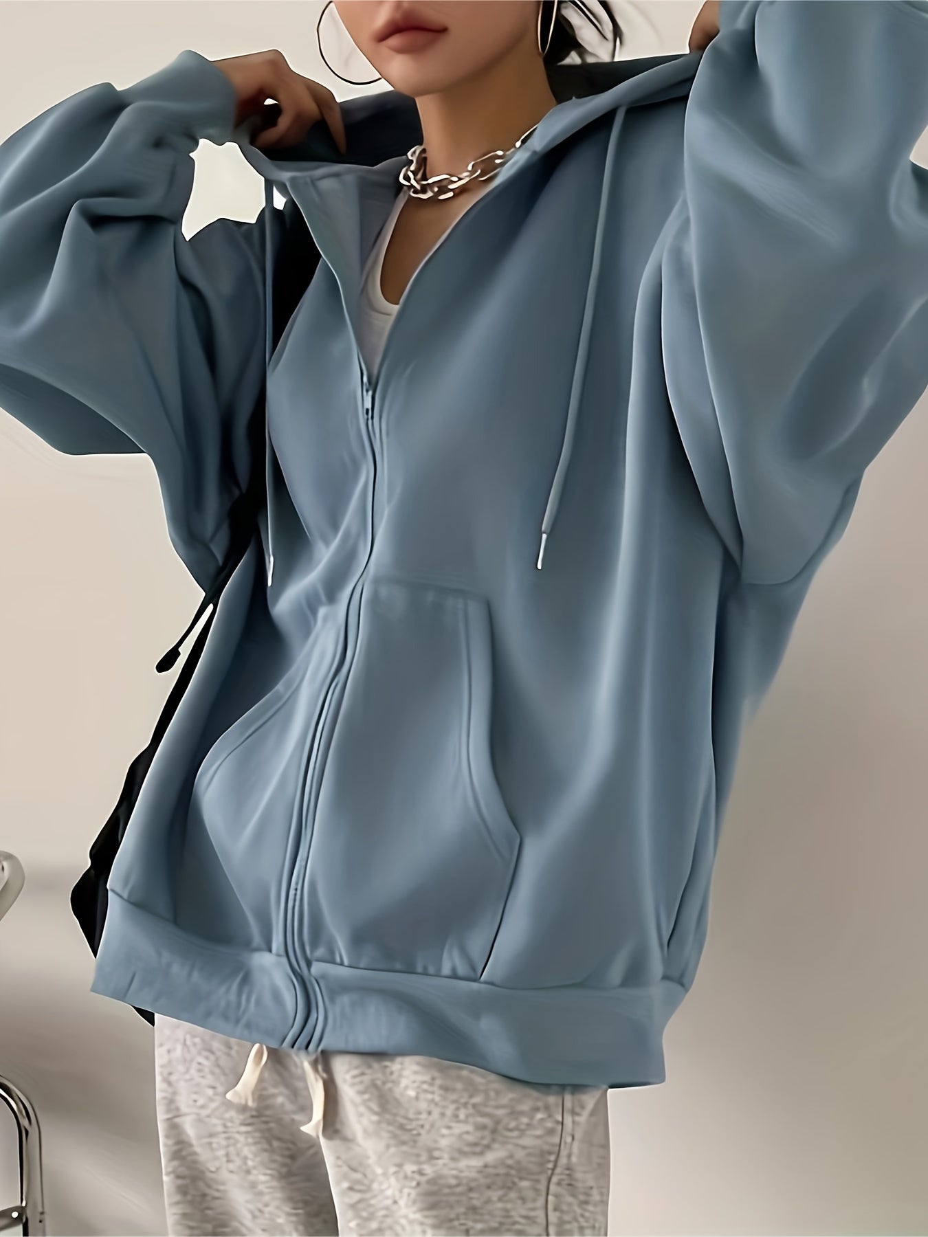 Zip-up Slant Pockets Drop Shoulder Hoodie, Casual Long Sleeve Drawstring Hoodie Outerwear, Women's Clothing