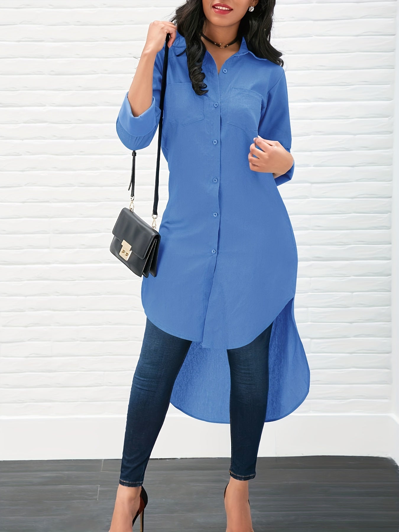 gbolsos Solid Long Sleeve Button Down Lapel Irregular Hem Shirt, Elegant Pockets Stylish Comfy Shirt, Women's Clothing