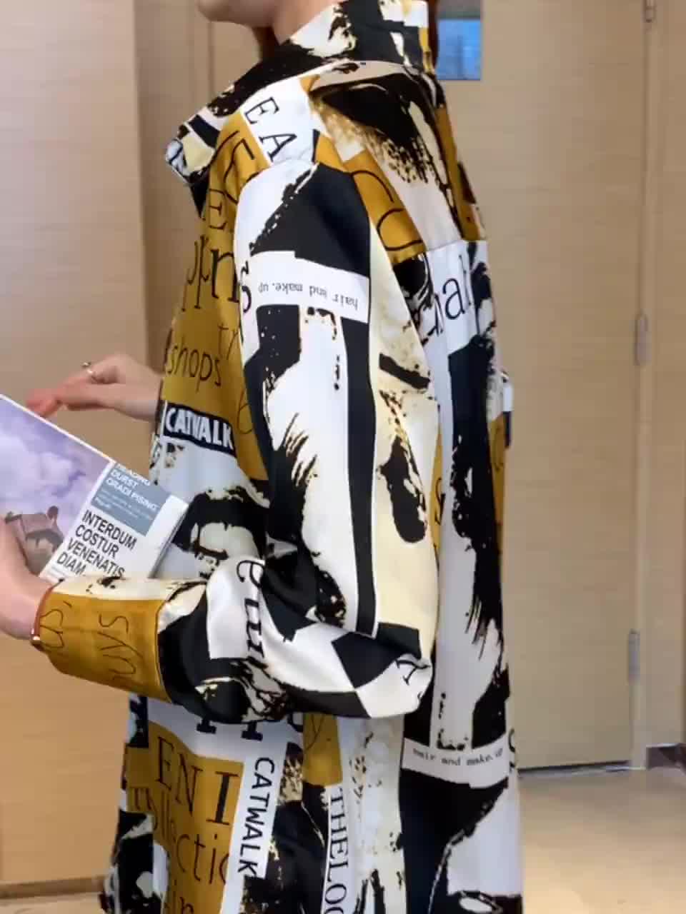 gbolsos Letter & Graphic Print Shirt, Street Wear Button Front Turn Down Collar Long Sleeve Shirt, Women's Clothing
