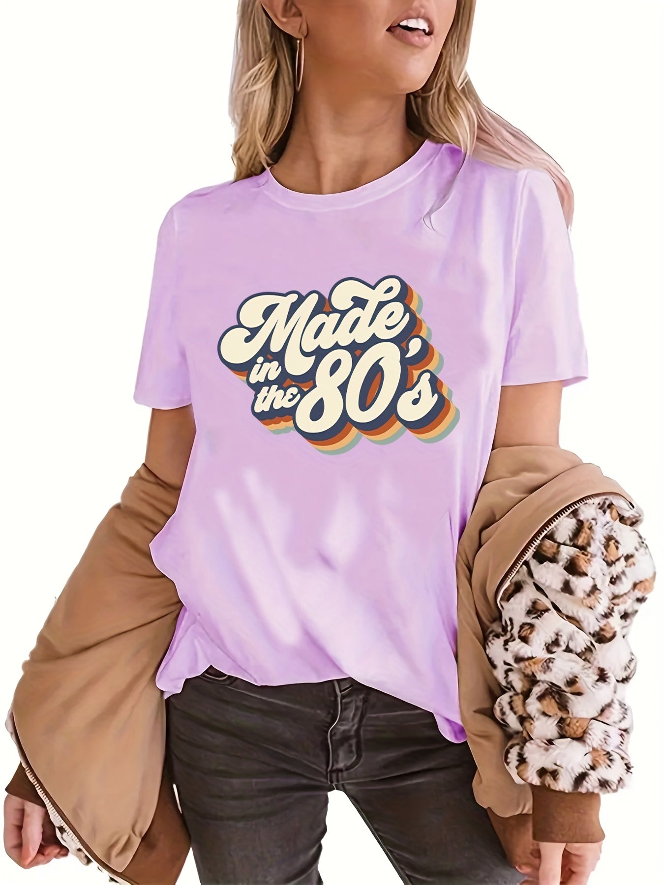 gbolsos "Made In The 203.2cms" Letter Print T-shirts, Crew Neck Short Sleeve Summer Sports Top, Women's Clothing