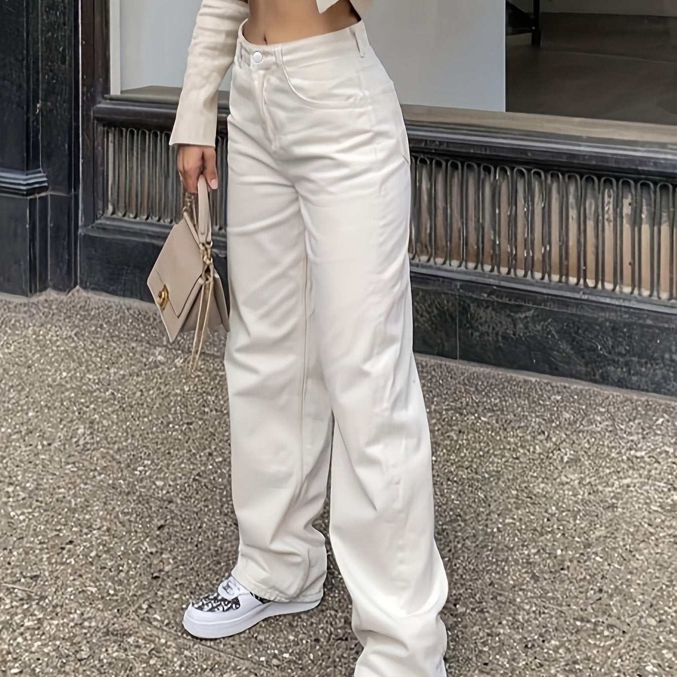 White Solid Color Wide Leg Jeans, Mid Rise Loose Slash Pocket Denim Pants, Women's Denim Jeans & Clothing