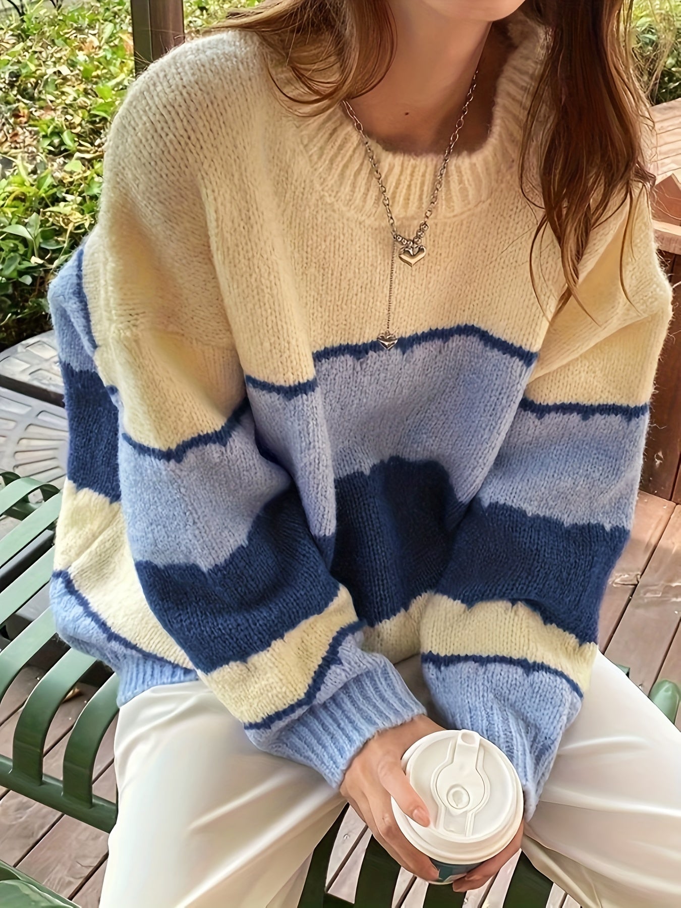 gbolsos Color Block Crew Neck Pullover Sweater, Casual Long Sleeve Soft Loose Sweater, Women's Clothing