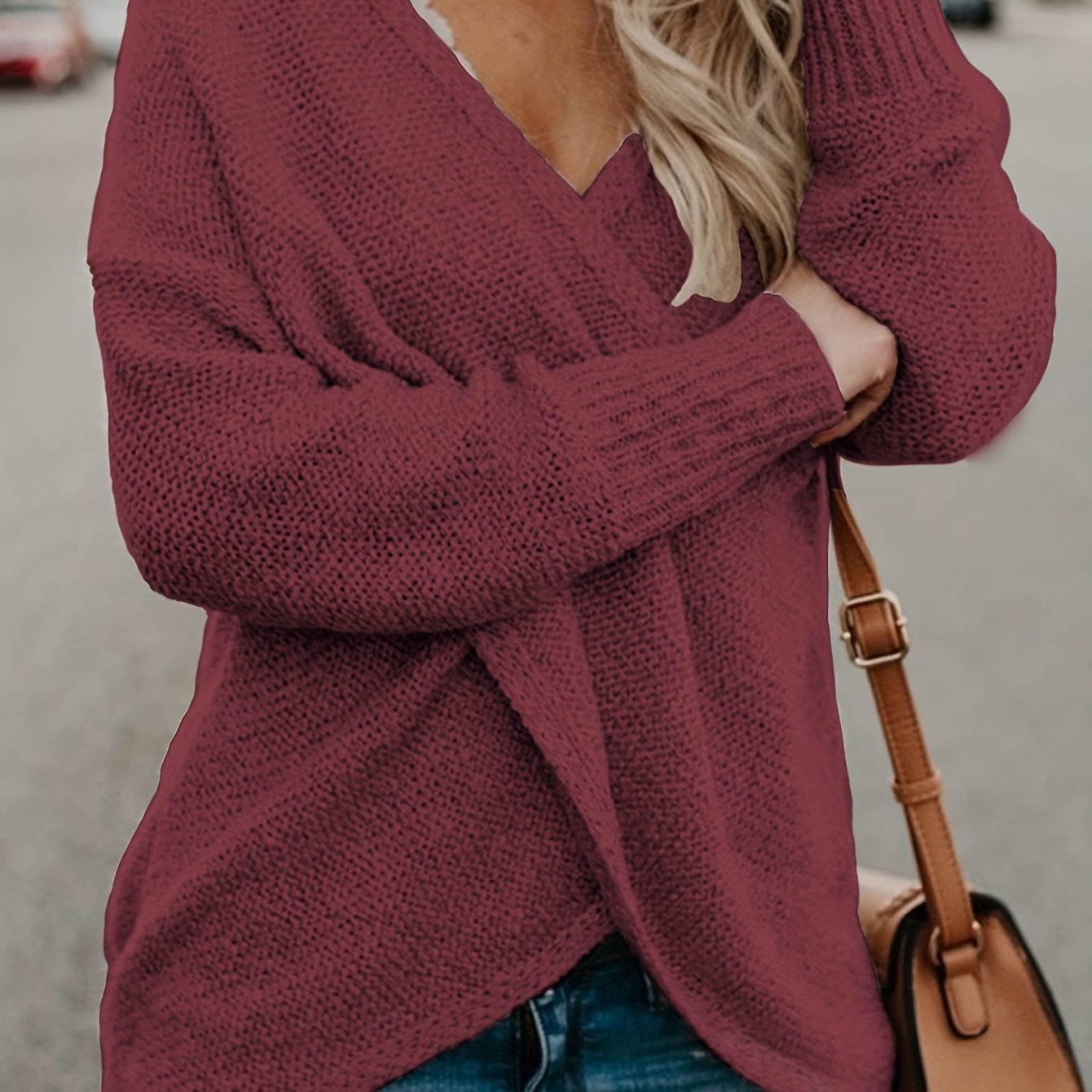 gbolsos Solid Surplice Neck Cross Front Sweater, Casual Long Sleeve Sweater For Spring & Fall, Women's Clothing