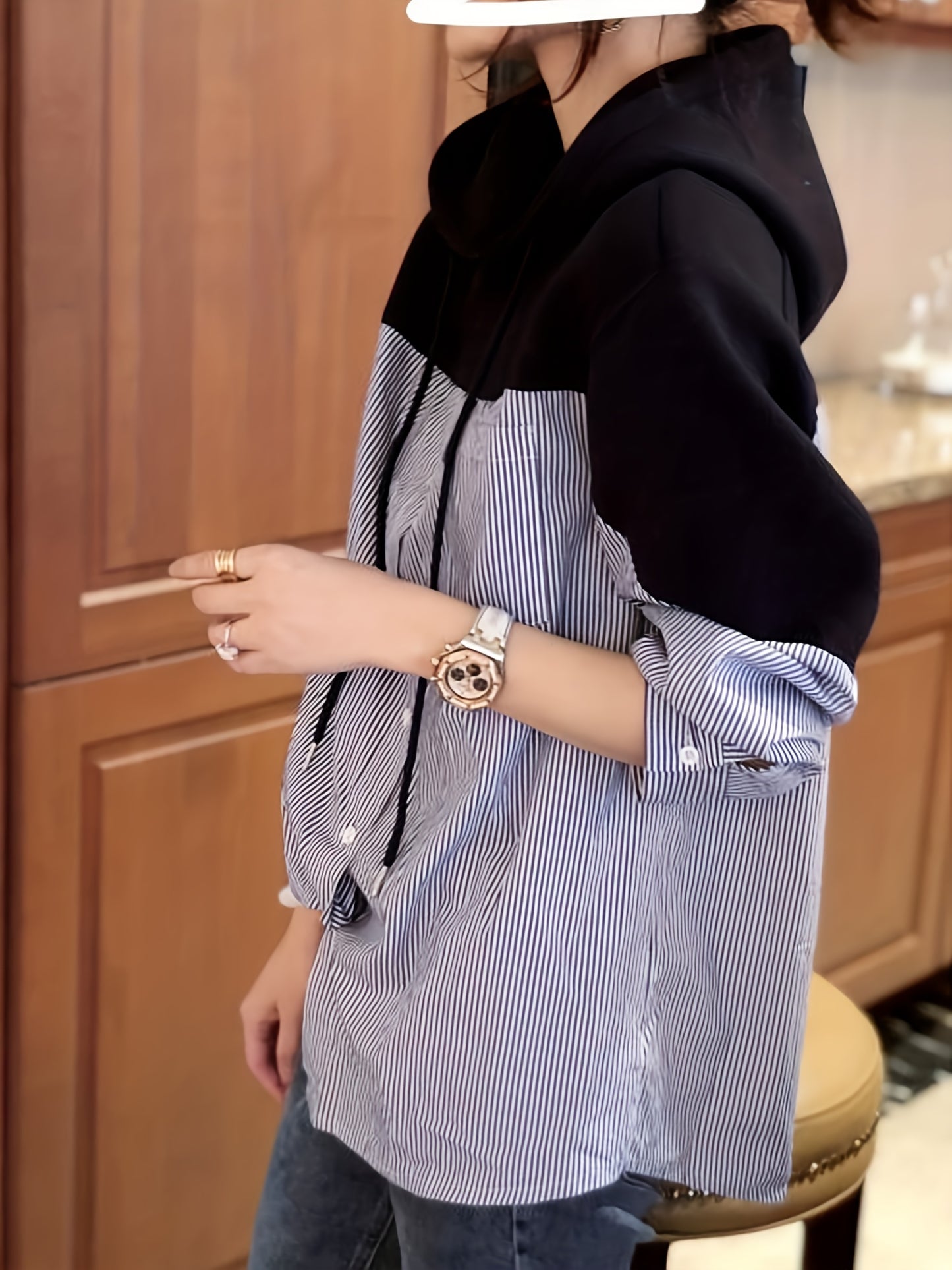 gbolsos Patchwork Striped Print Button Hoodie, Casual Cuff Sleeve Drawstring Hoodies Sweatshirt, Women's Clothing