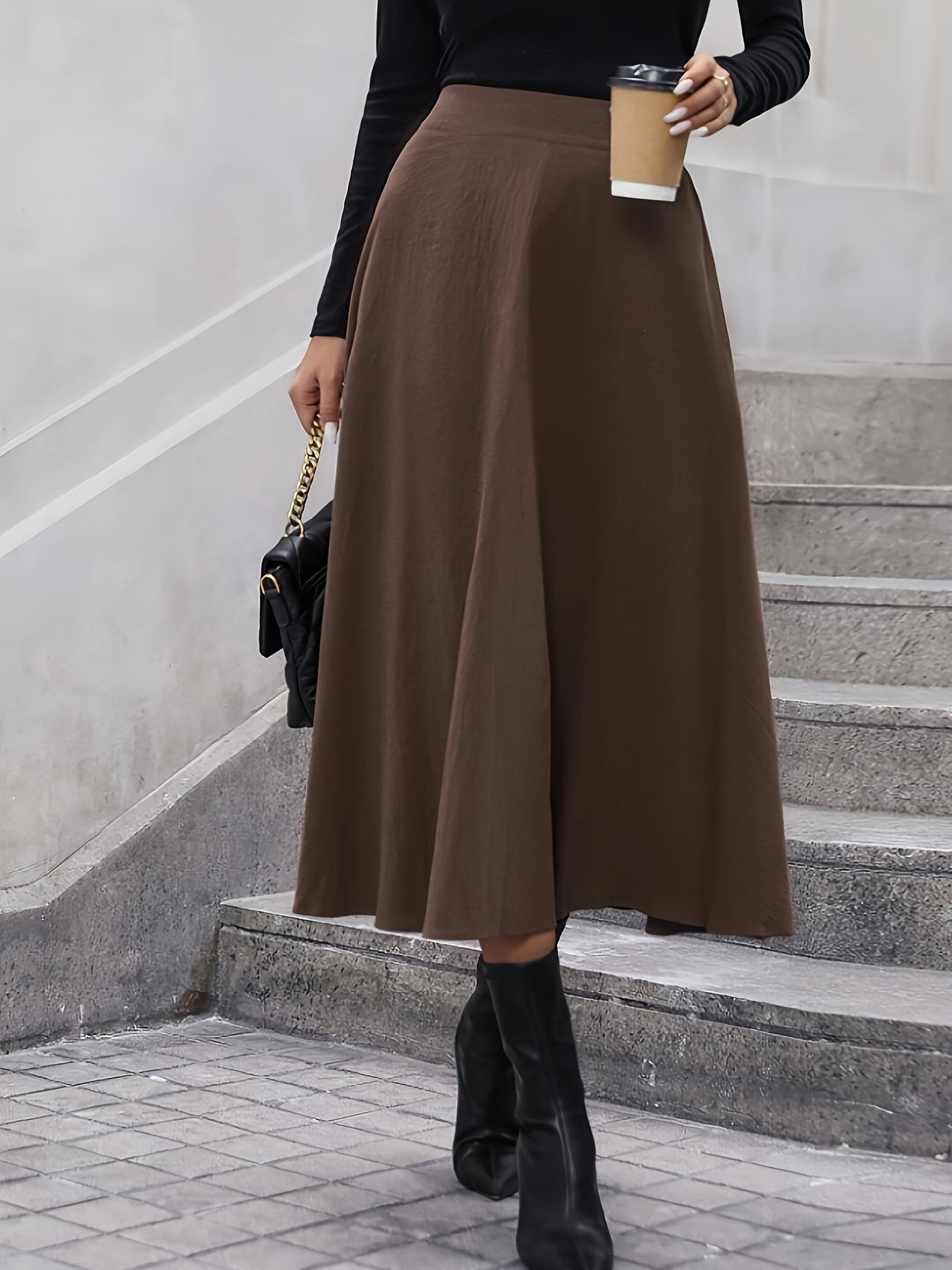 gbolsos Solid Ruffle Hem Skirt, Elegant High Waist Skirt For Fall & Winter, Women's Clothing