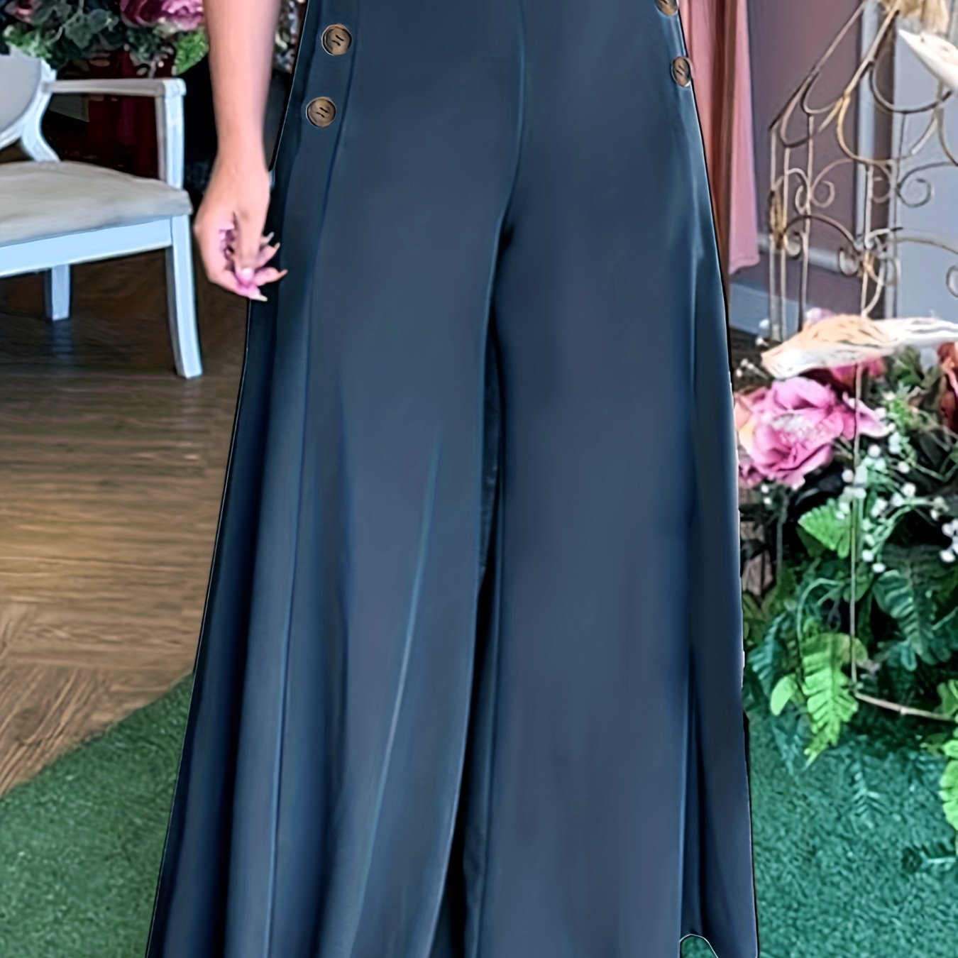 Plus Size Casual Pants, Women's Plus Solid Elastic Button Decor High Rise Loose Fit Wide Leg Trousers